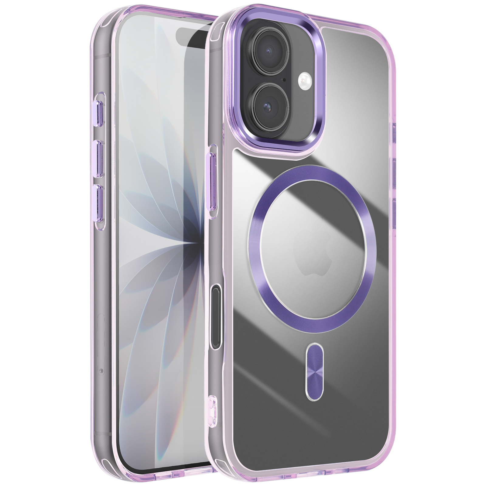 Coque de téléphone transparente avec des accents violets. Elle est pour un iPhone. La coque a un cercle magnétique et des accents de boutons.