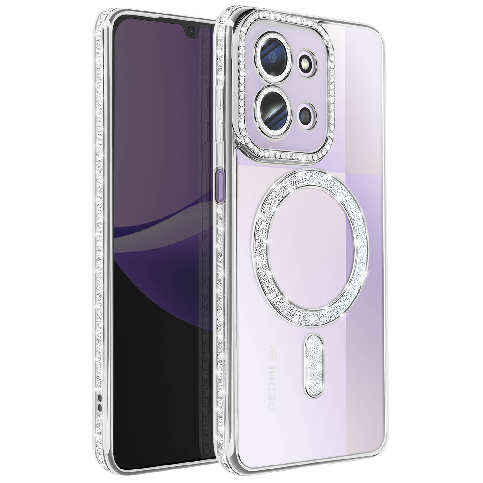 Een telefoon in een sprankelende hoes. De hoes heeft een glanzende rand. De telefoon heeft een paars scherm.