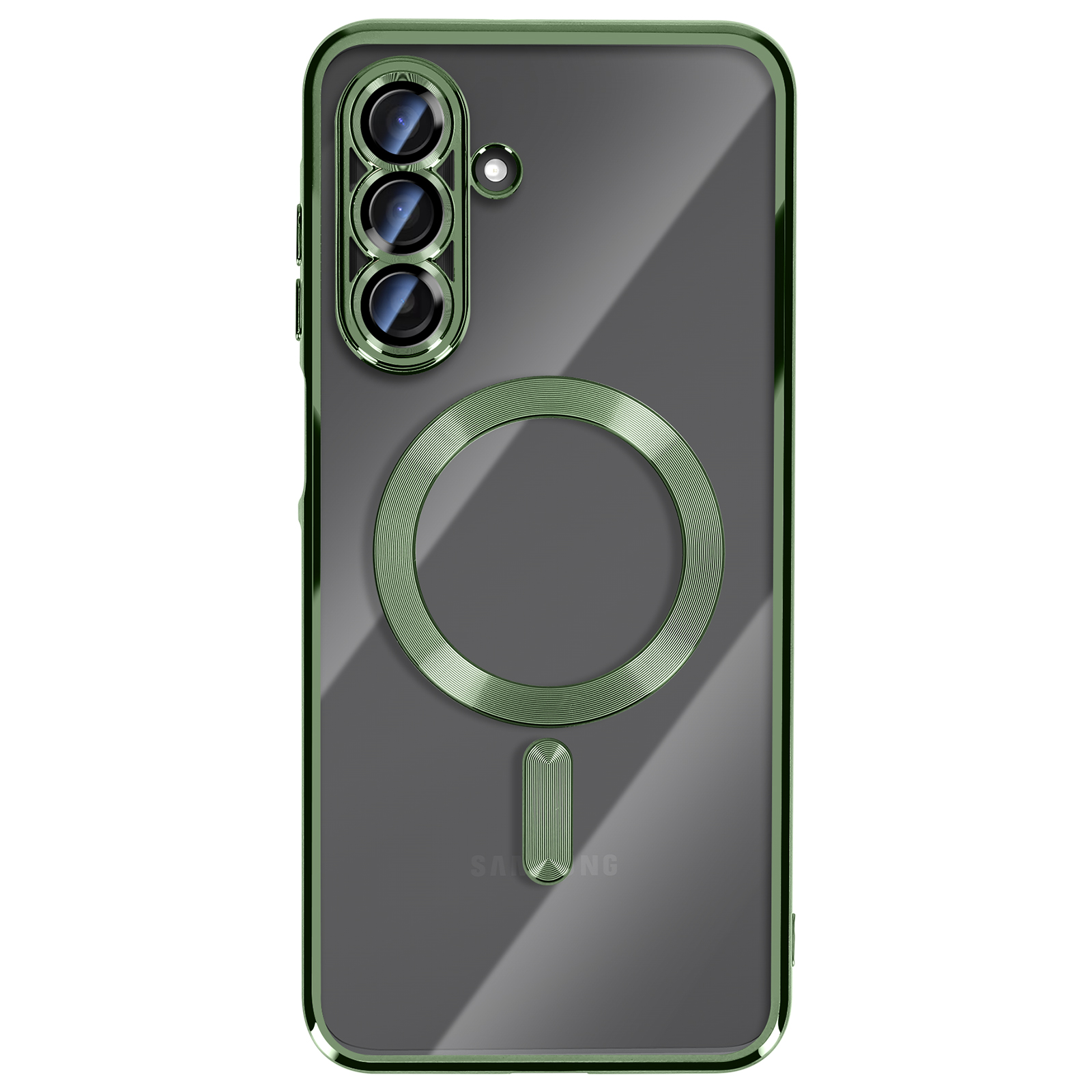 Een telefoonhoesje met een groen frame, cameraring en magnetische cirkel. De achterkant is transparant met een grijze tint.