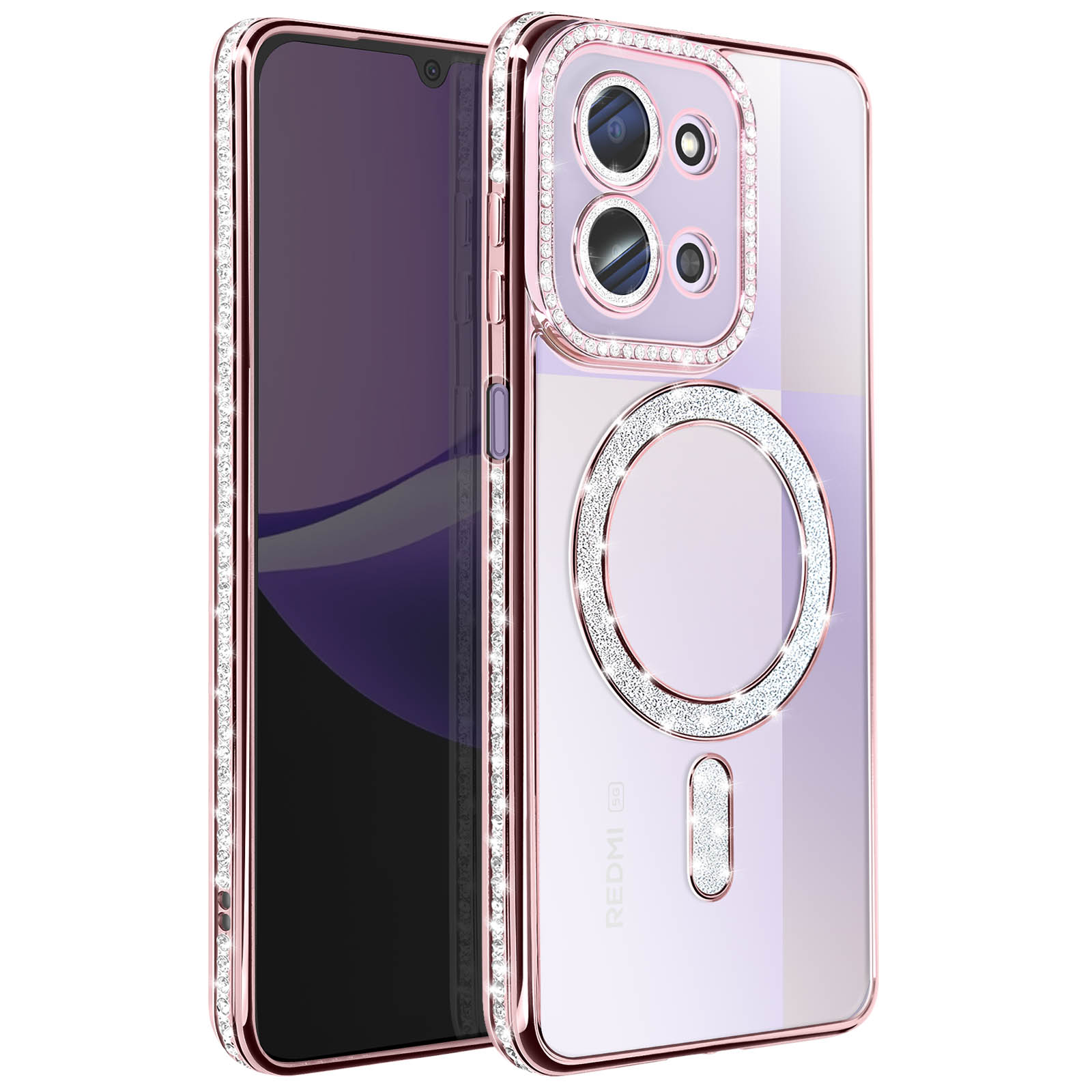 Een roségouden telefoonhoesje met sprankelende strass-steentjes. De hoes heeft een doorzichtige achterkant en een ronde strass-accent.