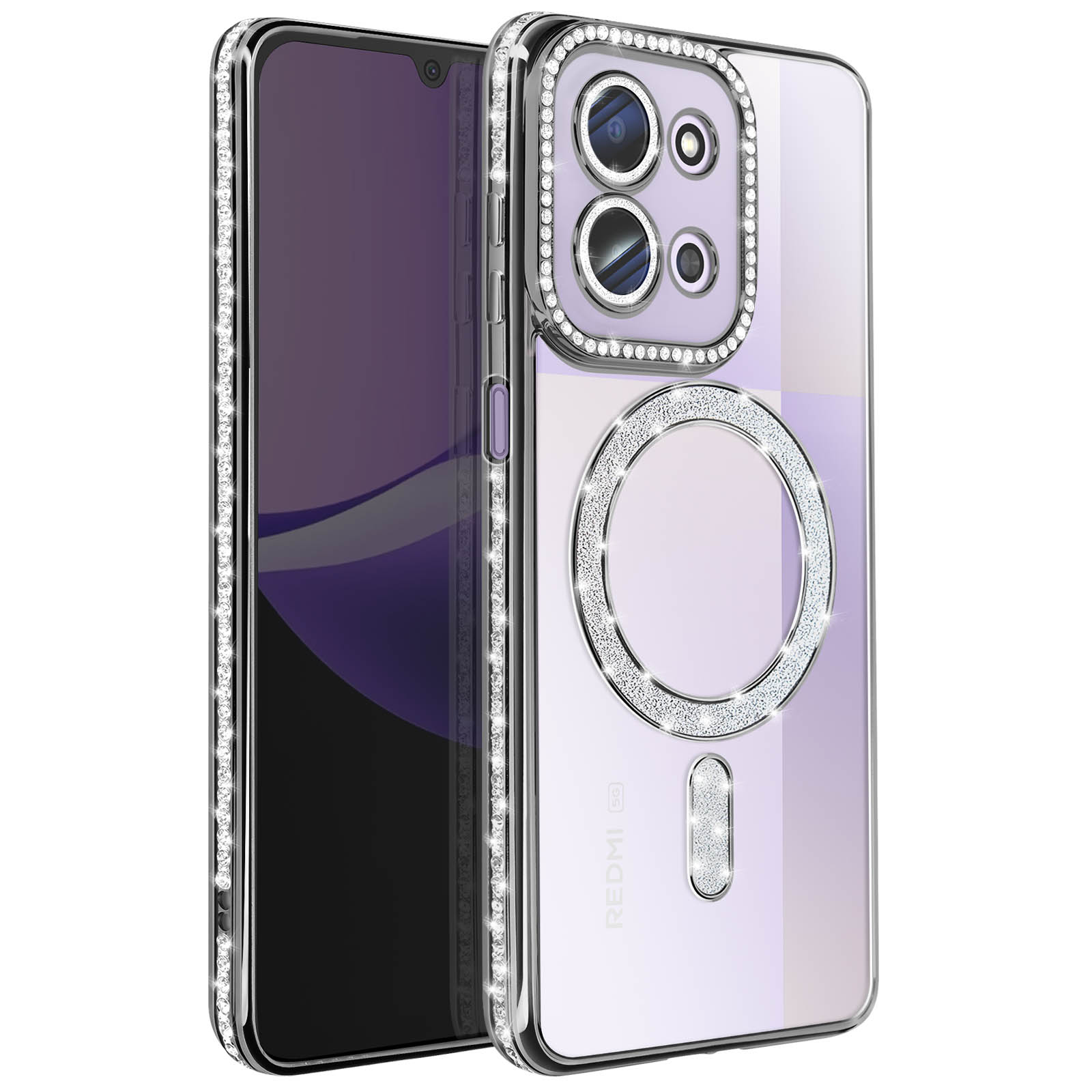 Een telefoon in een sprankelende hoes. De hoes heeft een kristallen ring en randen. Het scherm is donkerpaars.
