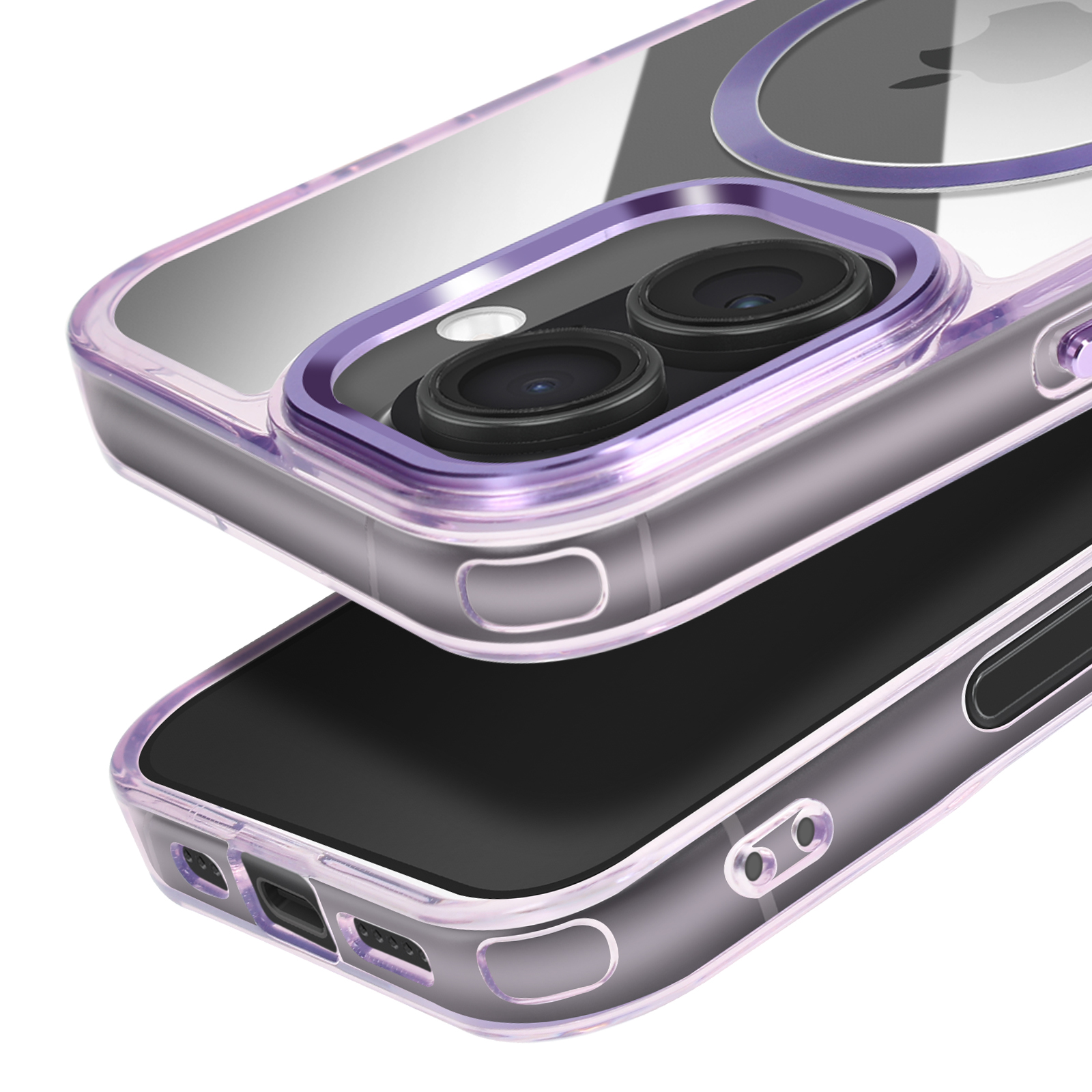 Gros plan sur une coque de téléphone avec deux caméras. Accents clairs et violets. L'écran du téléphone est noir.