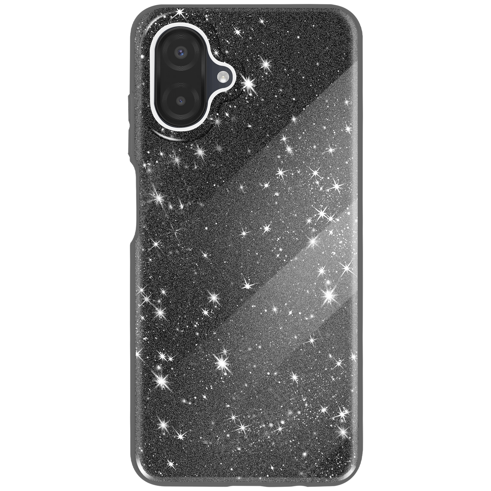 Een telefoonhoesje met een zwarte glitterachtergrond en witte sterrenpatronen. Een camera staat bovenaan.