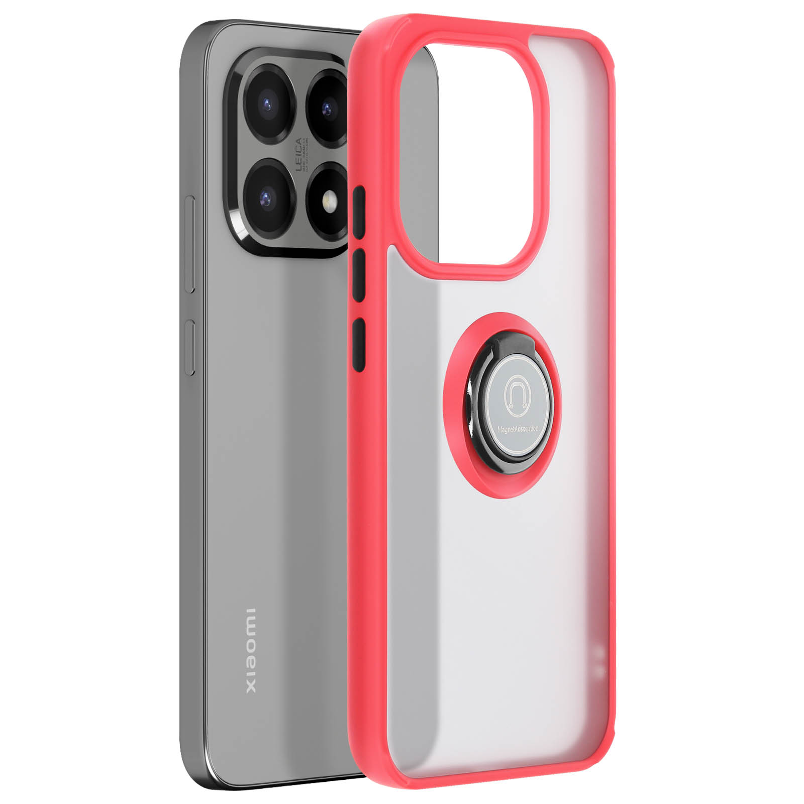 Een telefoonhoesje met een rood frame, transparante achterkant en ringhouder ligt naast een zilveren telefoon met meerdere camera's.
