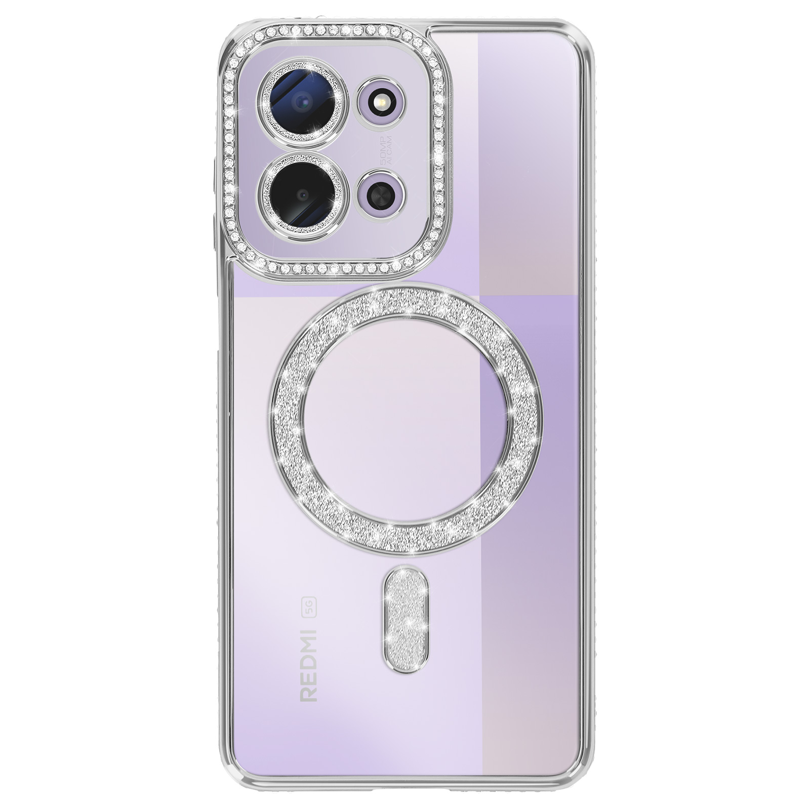 Transparante telefoonhoes met glinsterende edelstenen. Camera-accenten, een cirkel en een rechthoek. Redmi 5G-logo zichtbaar.
