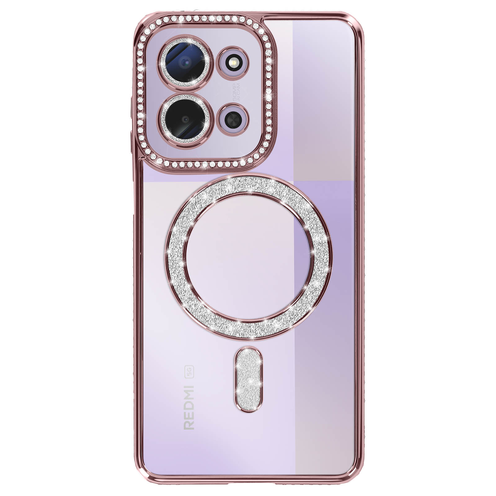 Een telefoonhoesje met een roze frame, versierd met strass-steentjes rond de camera en een magnetische ring.