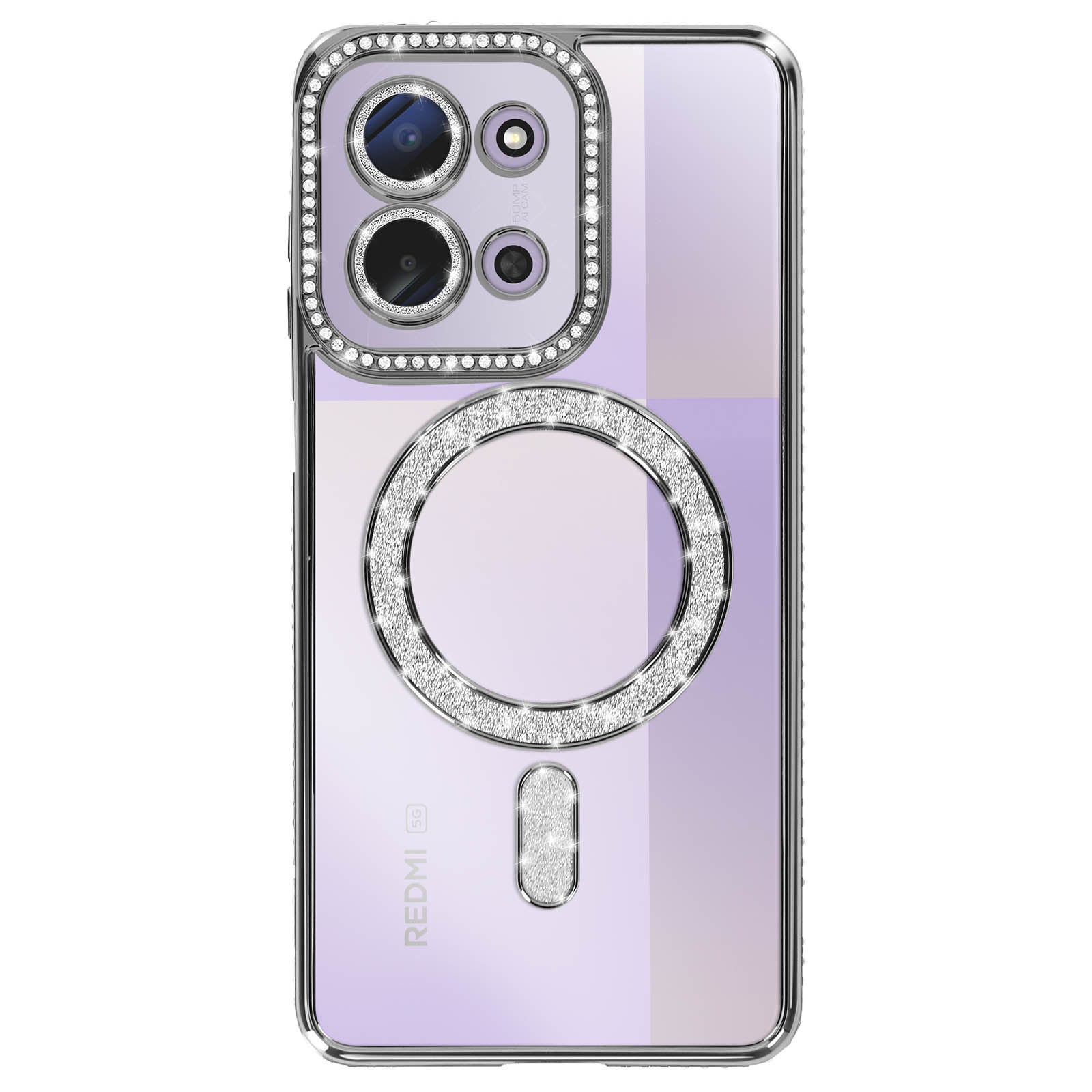 Een telefoonhoesje met een diamantring en cameragedeelte. De hoes is transparant met een paarse gradiënt.