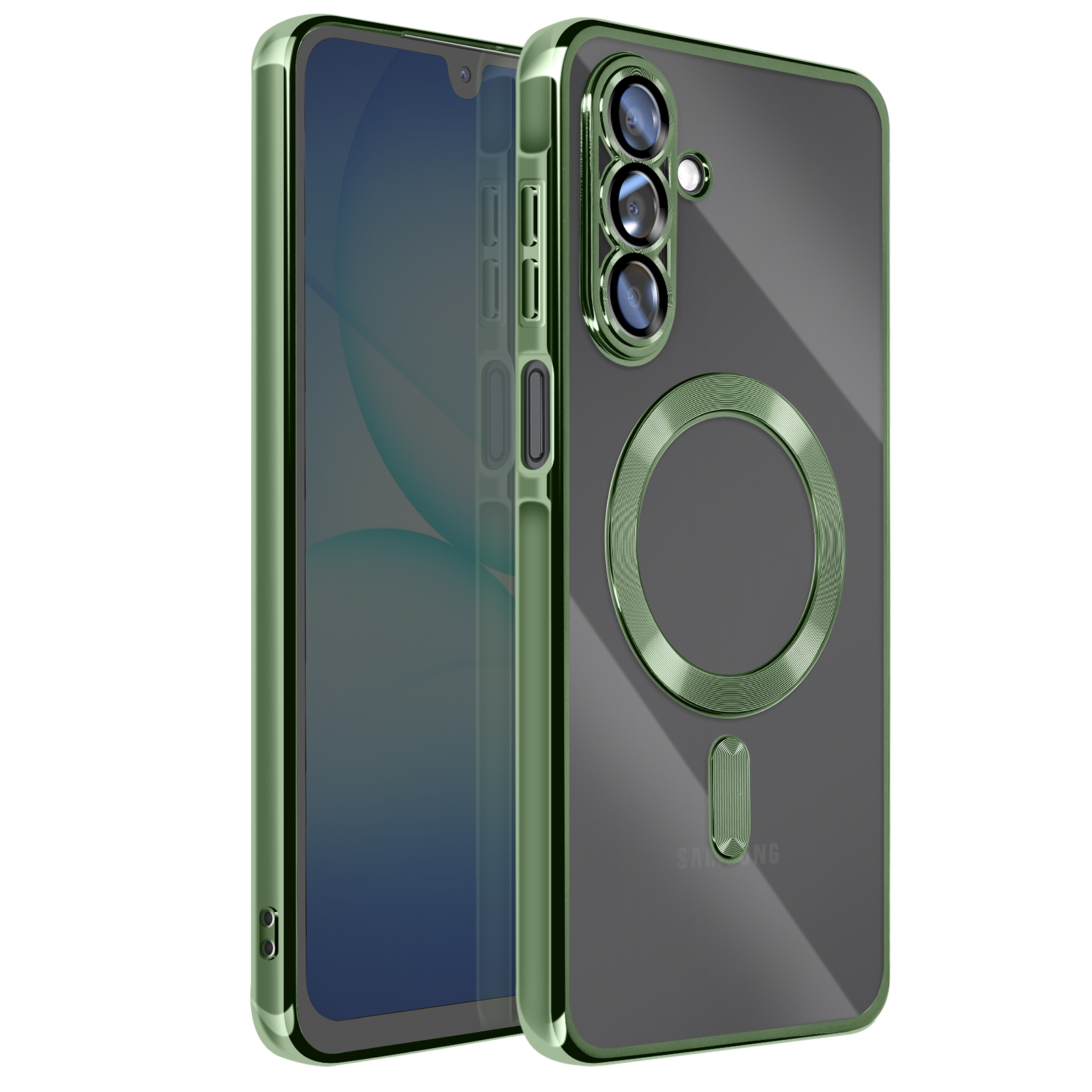 Een groene telefoonhoes met een transparante achterkant, een cameramodule en een magnetische ring. Het scherm is zichtbaar.