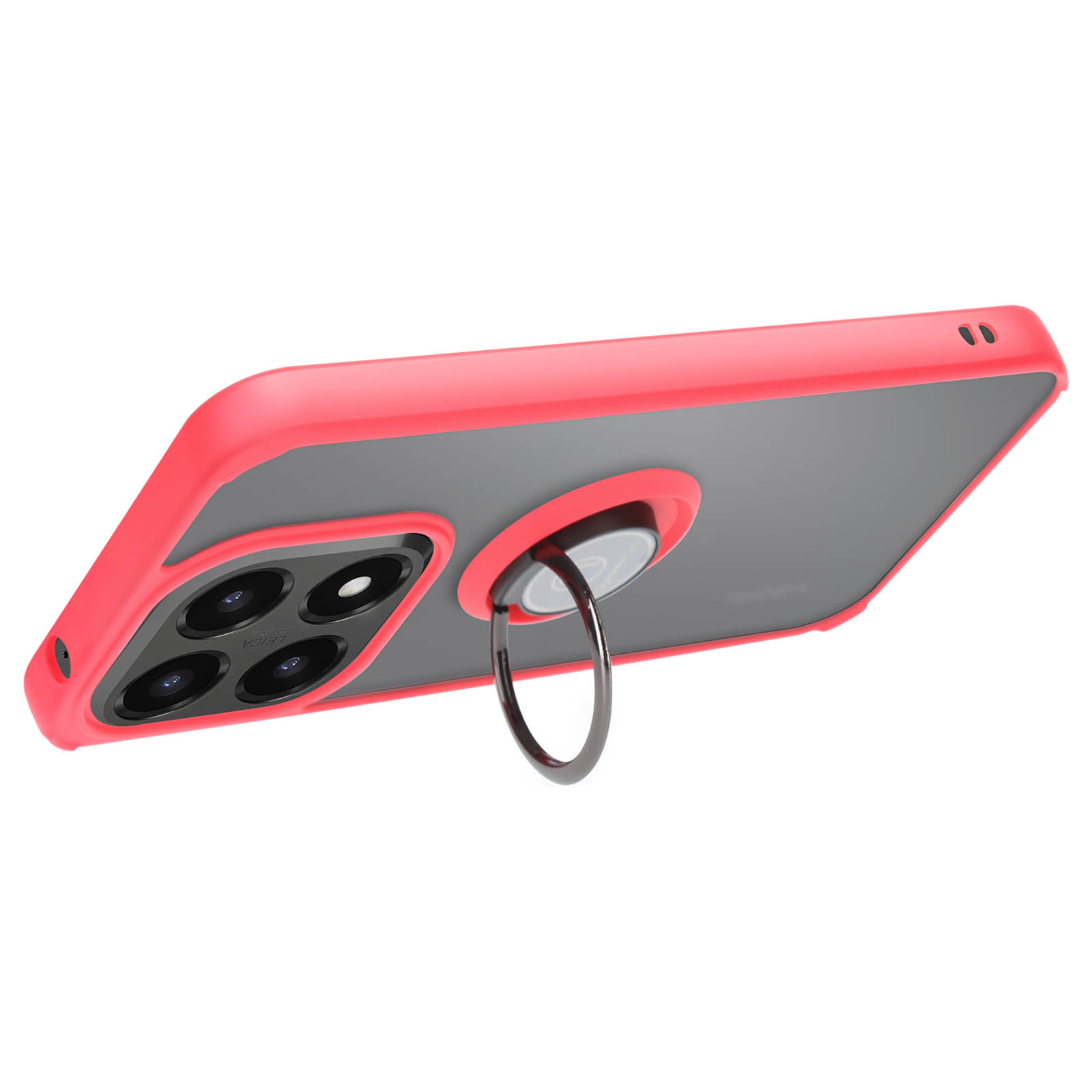 Een telefoonhoesje met een rood frame, een grijze achterkant en een ringhouder. De hoes heeft meerdere cameralenzen.