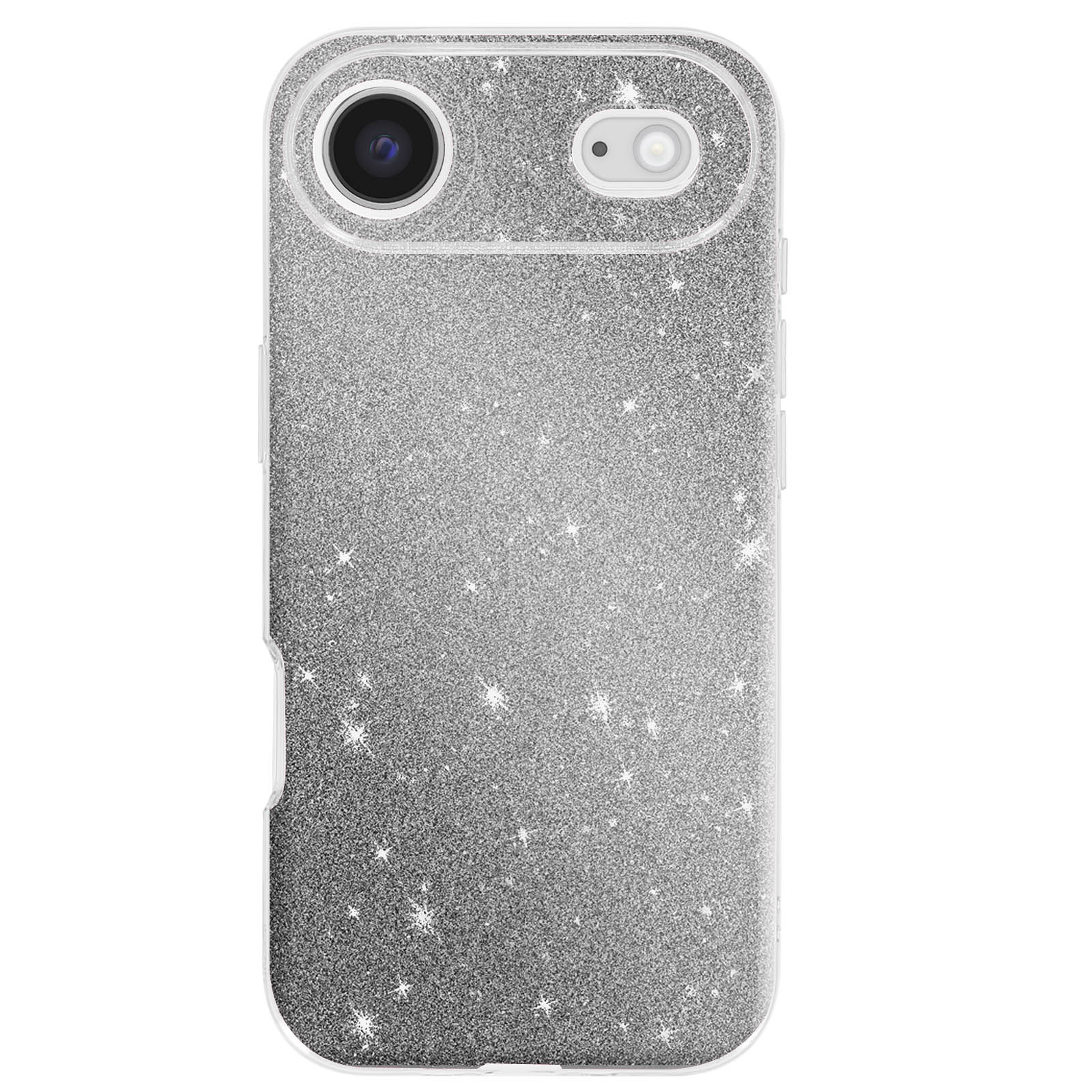 Coque de téléphone argentée à paillettes avec ouvertures pour caméra. Bordure et boutons transparents. Paillettes couvrent la surface.