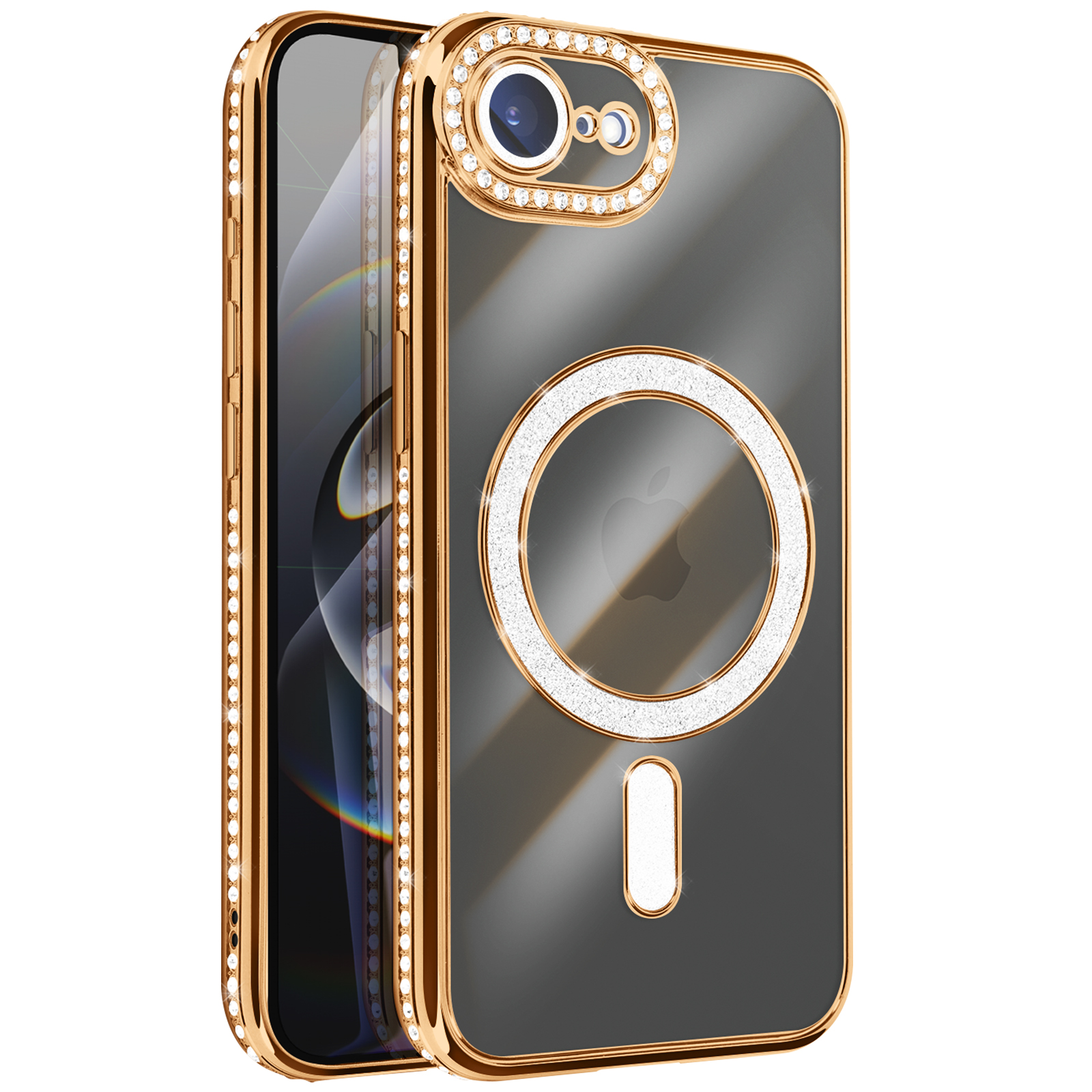 Een gouden telefoonhoesje met ingebedde strass-steentjes. Het heeft een cameraring en een cirkelvormig ontwerp met een wit Apple-logo.