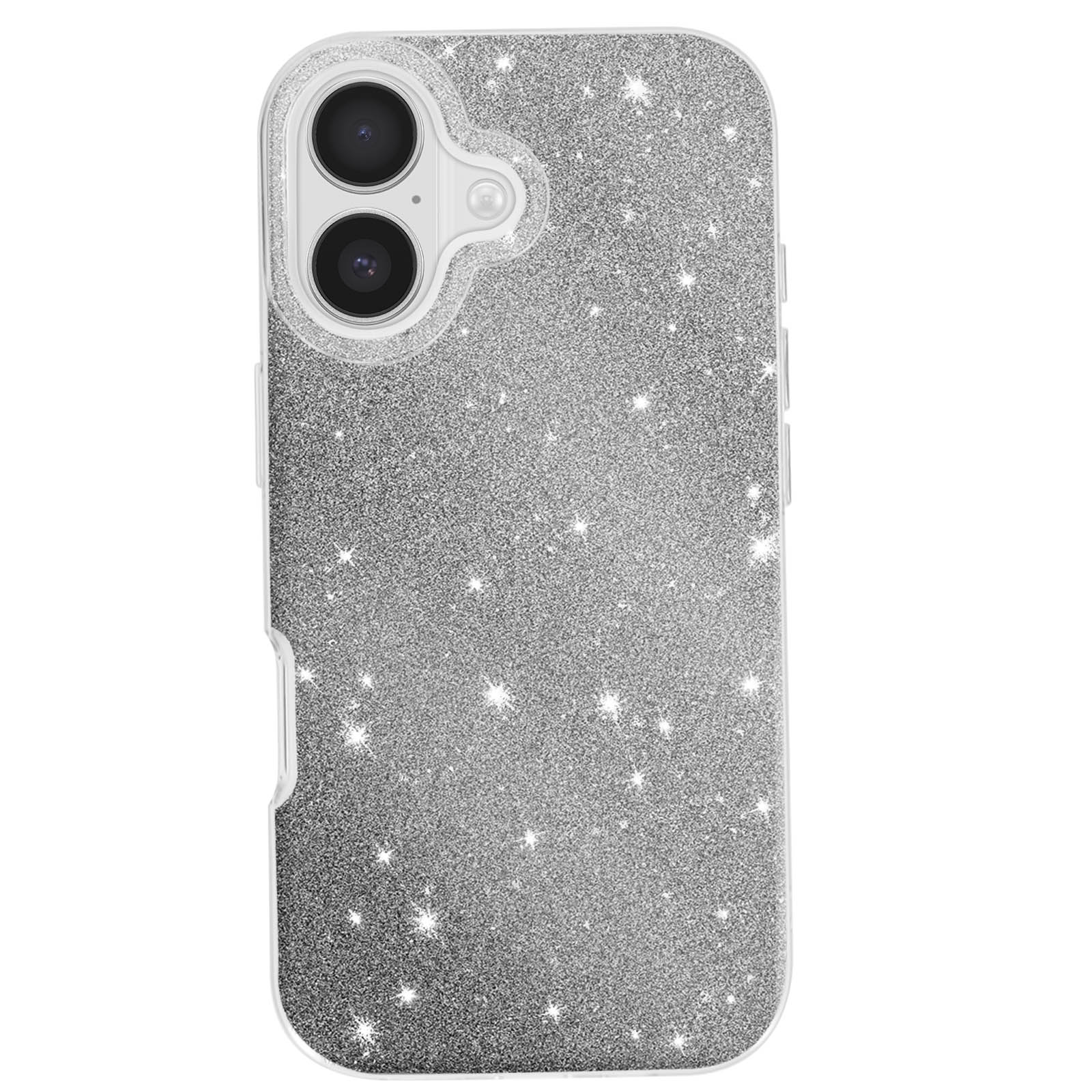 Een glitterende zilveren telefoonhoes met een doorzichtig frame. Heeft twee cameralenzen en knoppen aan de zijkant.
