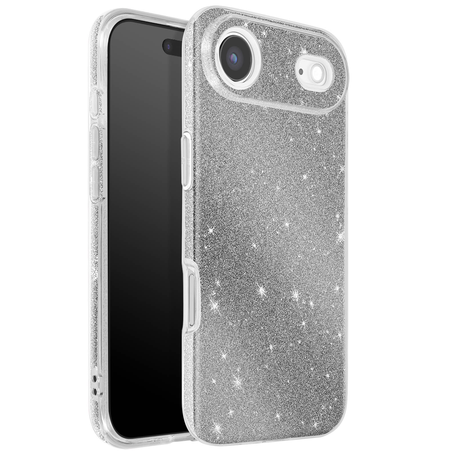 Un téléphone dans un étui argenté scintillant. L'étui a une découpe pour l'appareil photo. L'écran du téléphone est noir.
