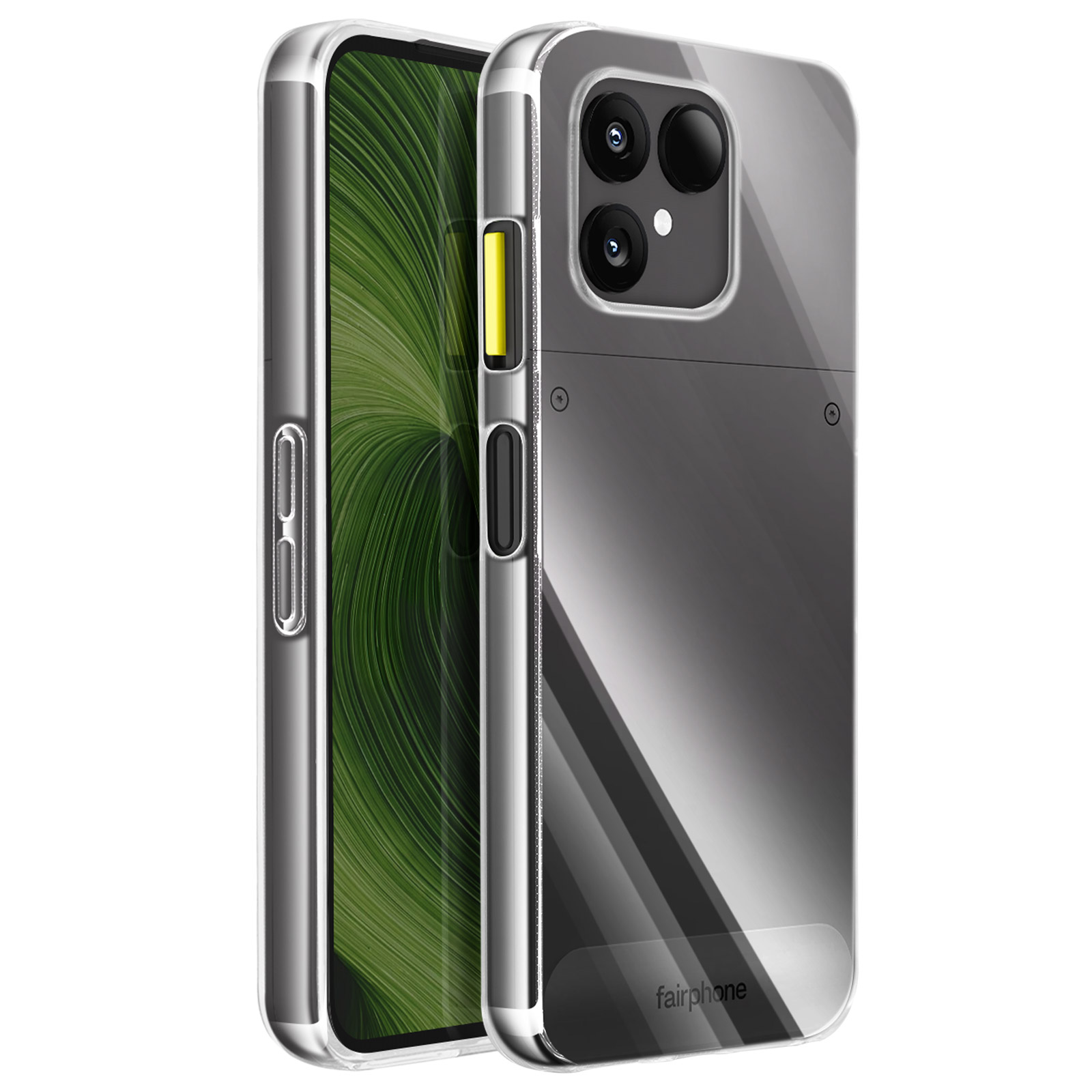 Een telefoon in een transparante hoes. Het scherm toont groene wervelingen. De hoes heeft een grijze achterkant en het woord fairphone.