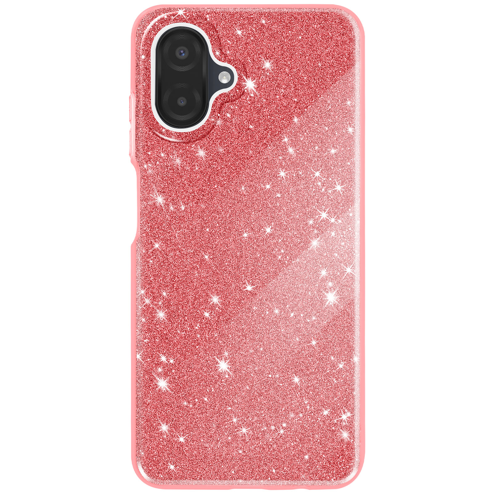 Een glitterende rode telefoonhoes met een uitsparing voor de camera. De hoes heeft een roze rand en glitters. De achtergrond is wit.