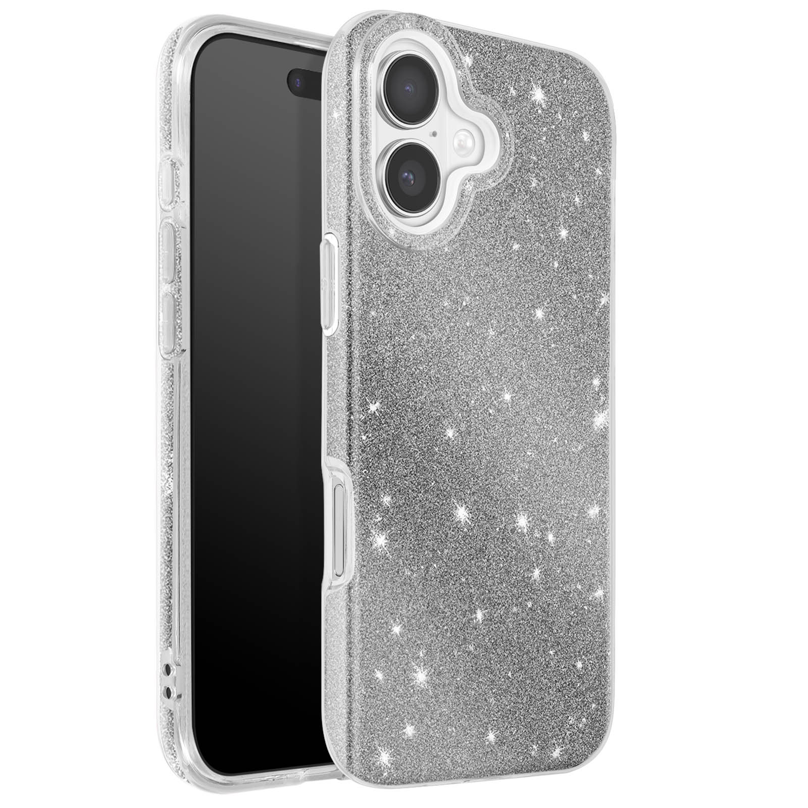 Een telefoon in een glinsterende zilveren hoes. De hoes heeft een transparant frame. Het scherm van de telefoon is zwart.