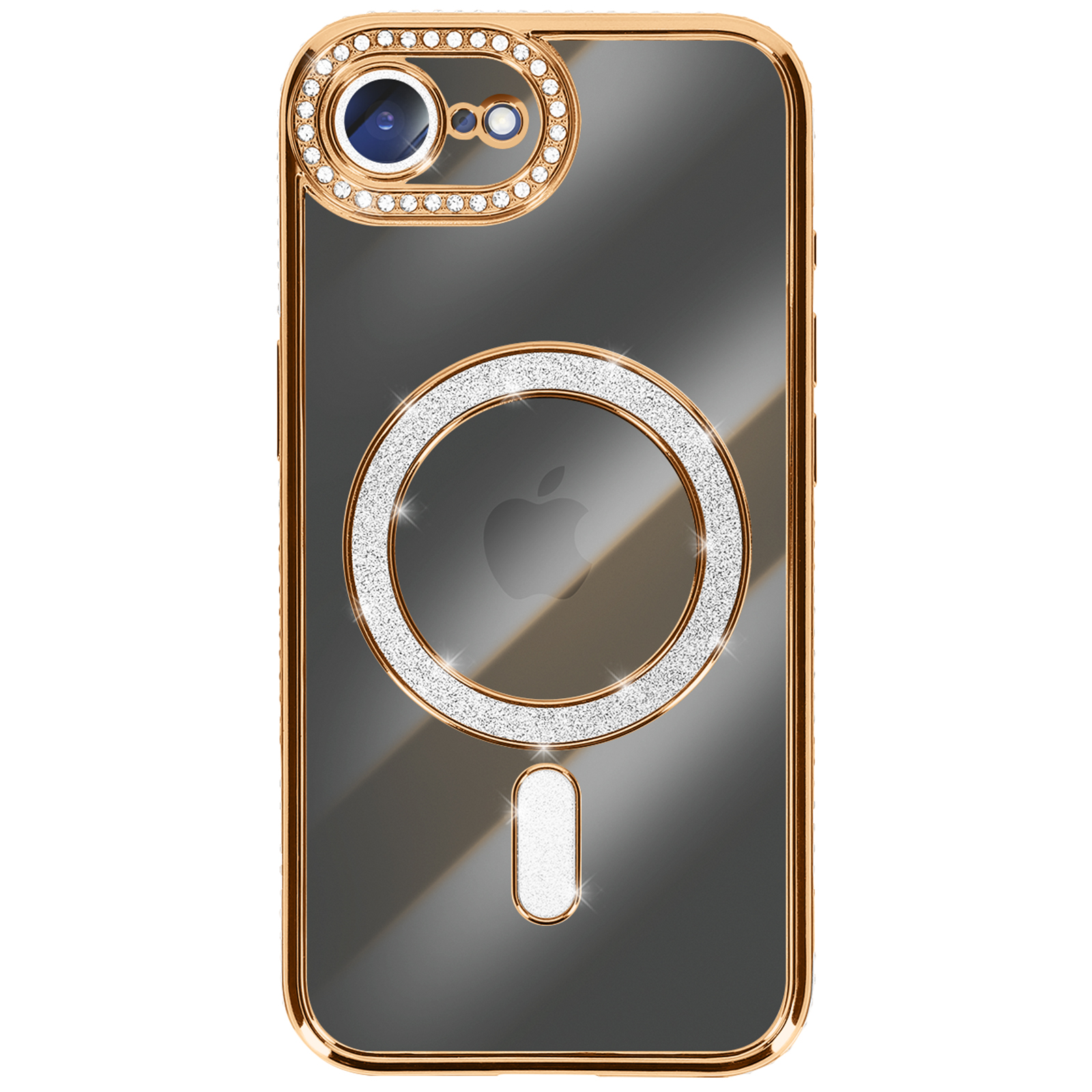 Gouden telefoonhoesje met edelsteen details. Voorzien van cameraring en MagSafe cirkel met Apple logo. Transparante achterkant.