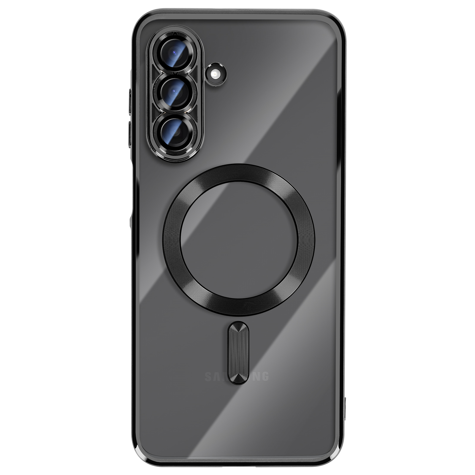 Transparante telefoonhoes met cameralenzen, zwarte ring en Samsung logo.