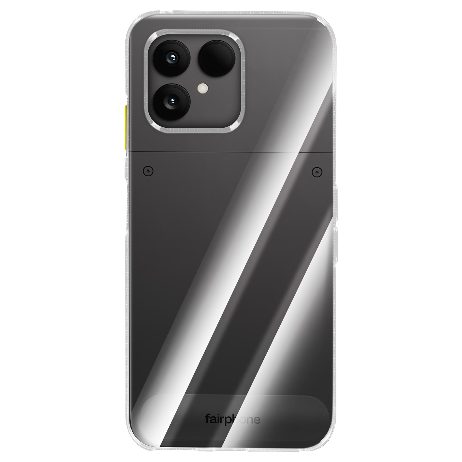 Telefoonhoesje met een reflecterend ontwerp. Het heeft drie cameralenzen en een gele knop aan de zijkant.