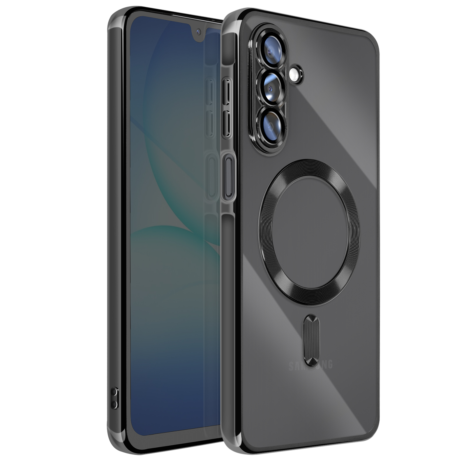 Een telefoon in een zwarte hoes. De hoes heeft een camera-array en een magnetische ring aan de achterkant.
