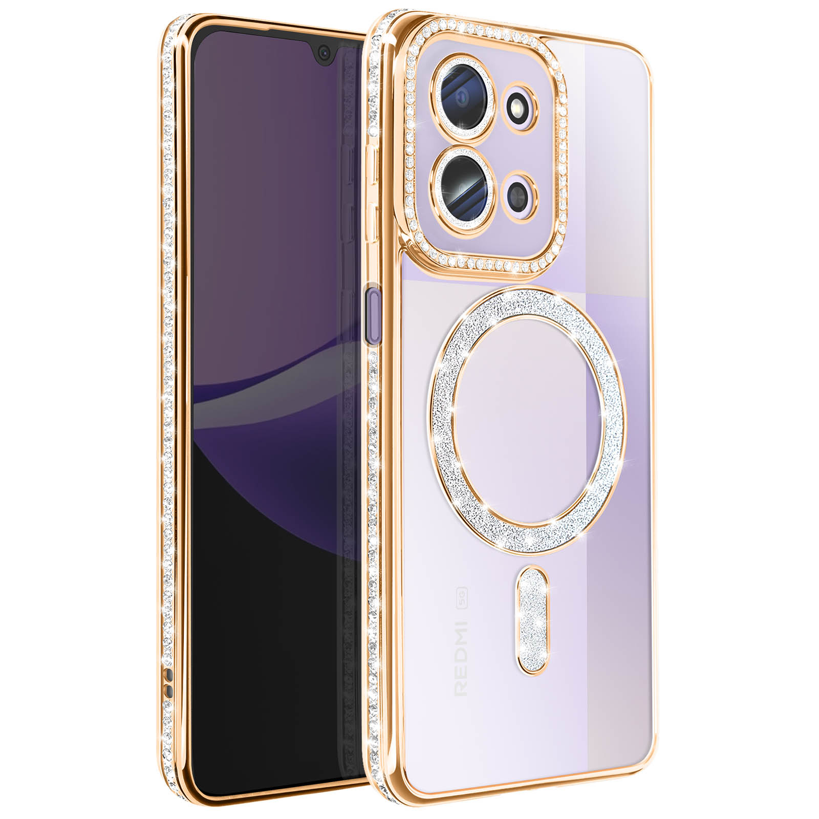 Een gouden telefoonhoesje met strass. De telefoon is zichtbaar met een paars scherm. De hoes heeft een doorzichtige achterkant.