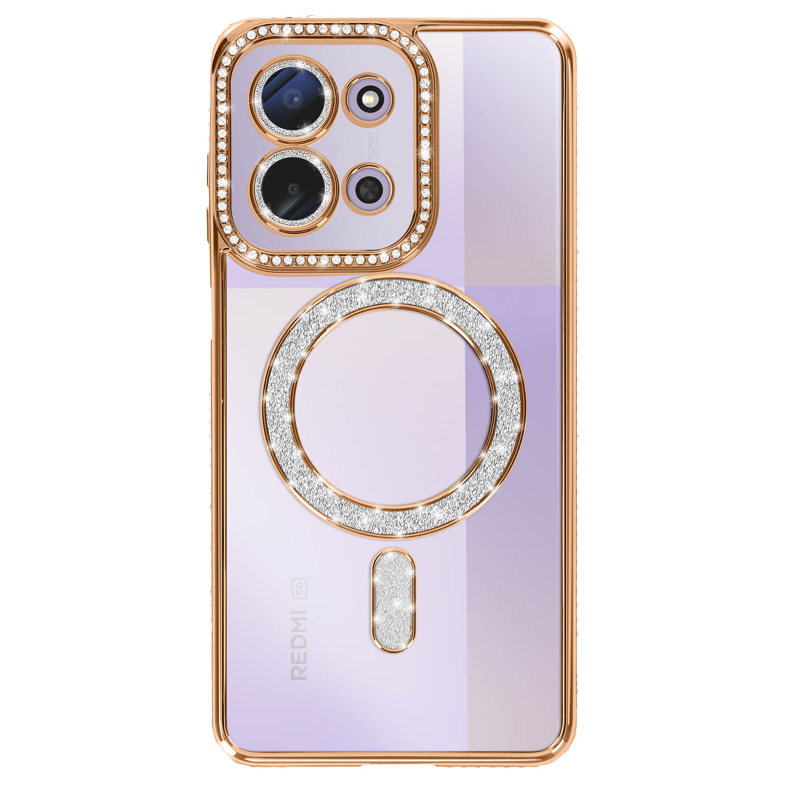 Een telefoonhoesje met diamantring en camera, gouden frame en paarse achtergrond.