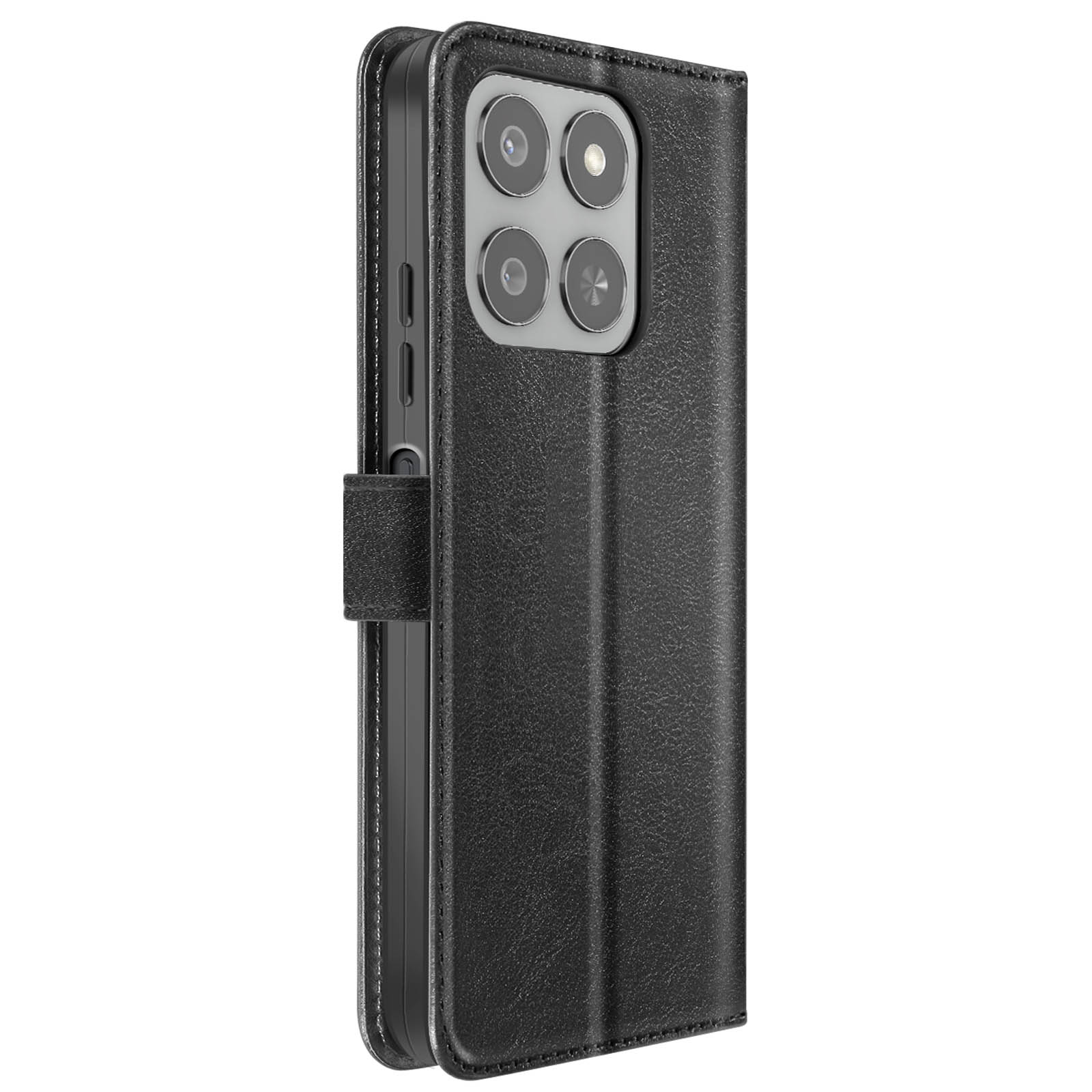 Zwarte telefoonhoes met een uitsparing voor de camera. De hoes is gesloten en toont de buitenkant en de zijkant met knoppen.