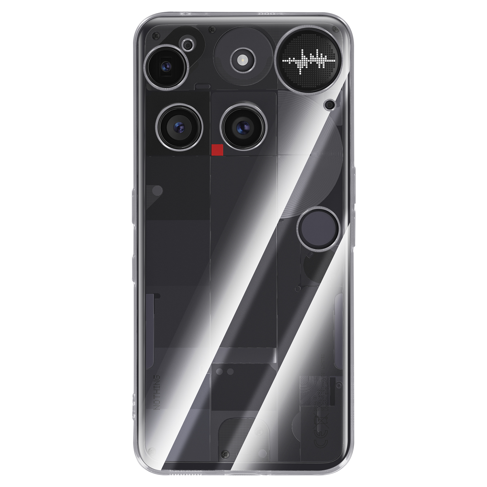Dos transparent d'un téléphone révélant les composants internes. Plusieurs caméras et un graphique d'onde sonore.