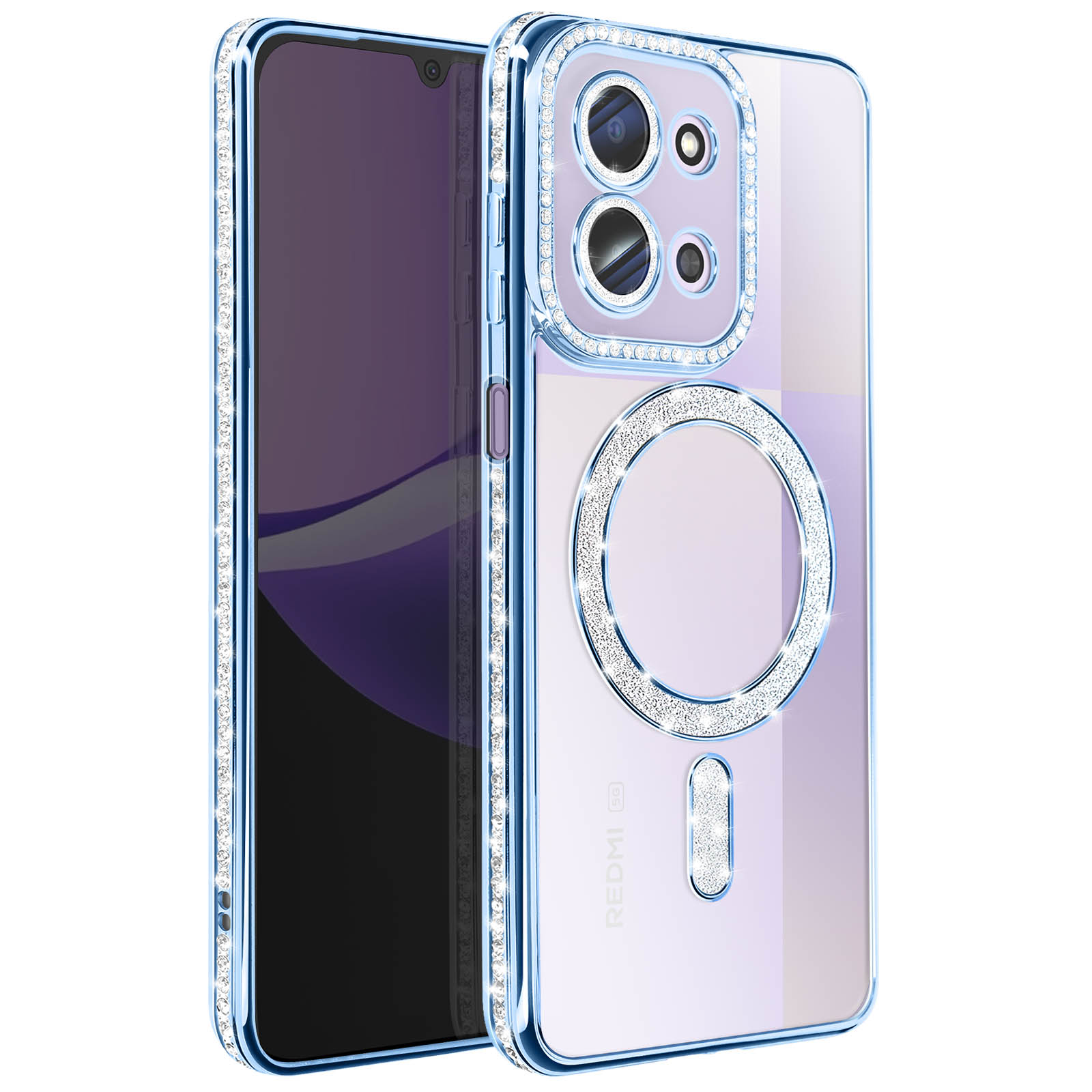 Telefoonhoesje met blauw frame, transparante achterkant en diamantaccenten. Voorzien van een camera-uitsparing en een MagSafe-ring.