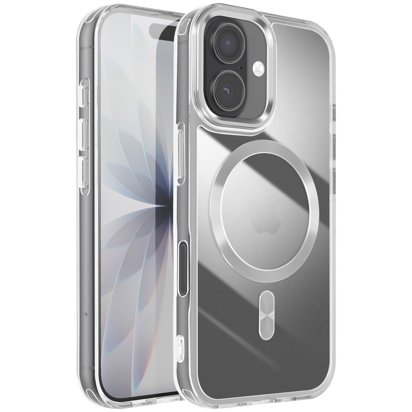 Transparante iPhone-hoes met telefoon erin. De hoes heeft een magnetische ring en een knop. Het scherm is zichtbaar.