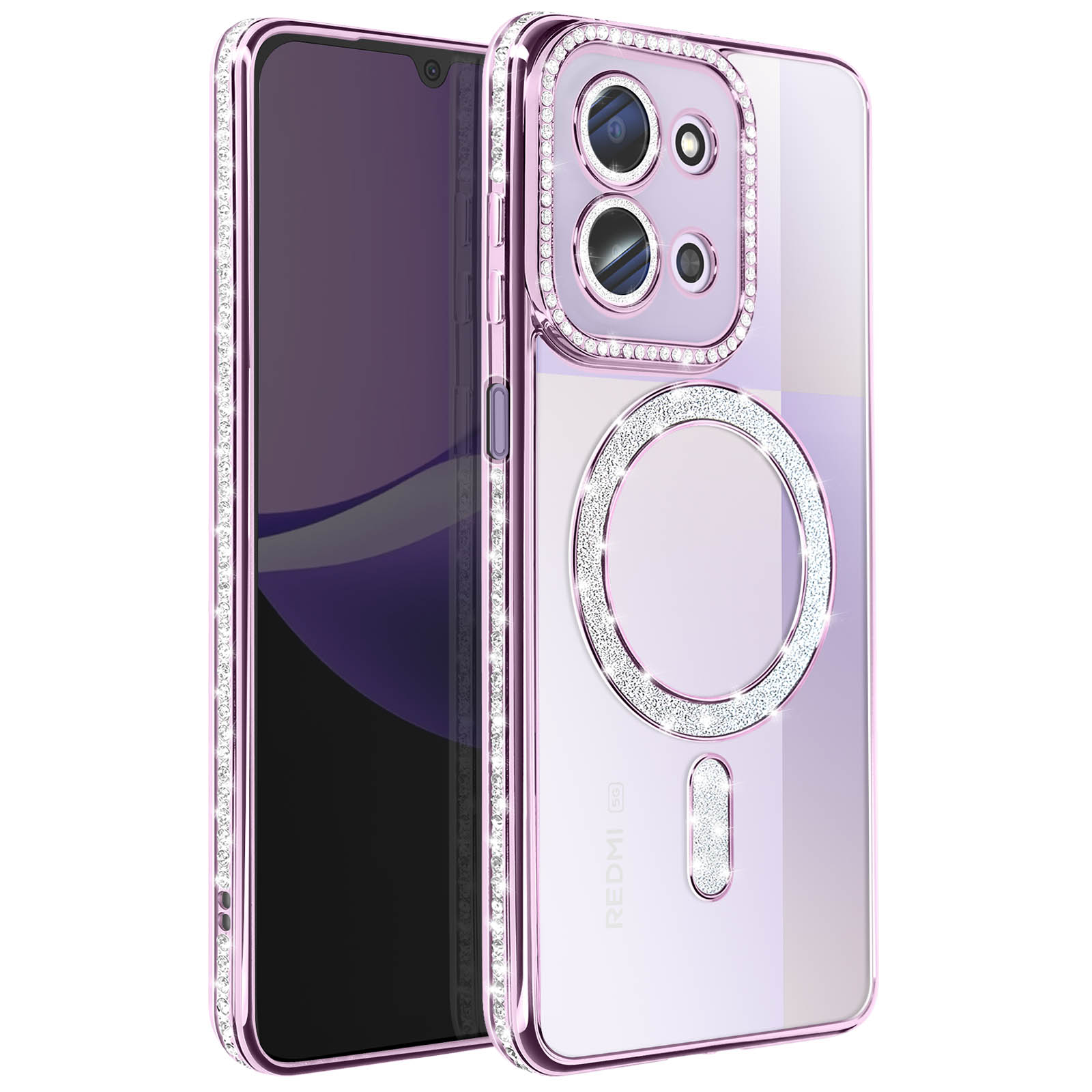 Een roze telefoonhoesje met sprankelende strass-steentjes. Het heeft een ring en een rechthoekig gedeelte met strass-steentjes. Telefoon zit erin.