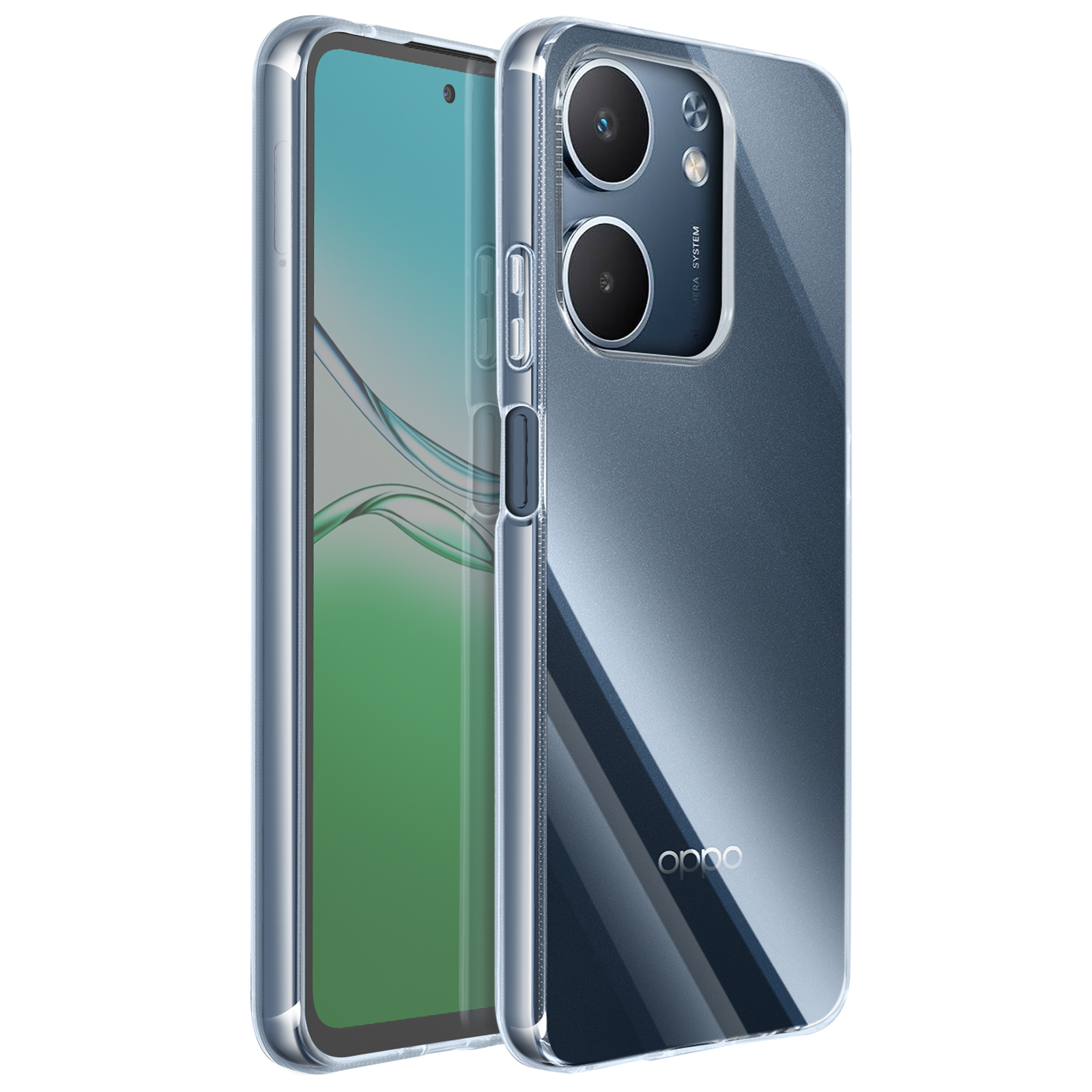 Una custodia trasparente con un telefono all'interno. Il telefono ha uno schermo e un sistema a doppia fotocamera. La custodia è trasparente.