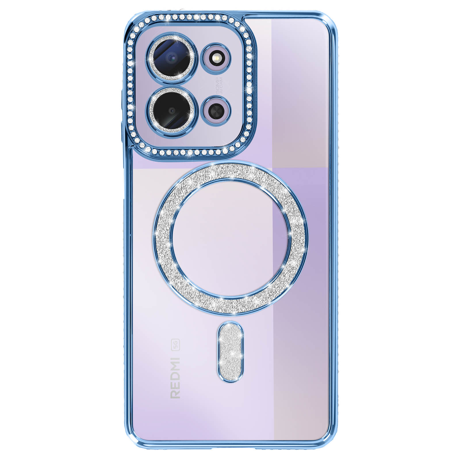 Een telefoonhoesje met een camera-uitsparing, een ring en een kleine rechthoek, allemaal ingelegd met strass.