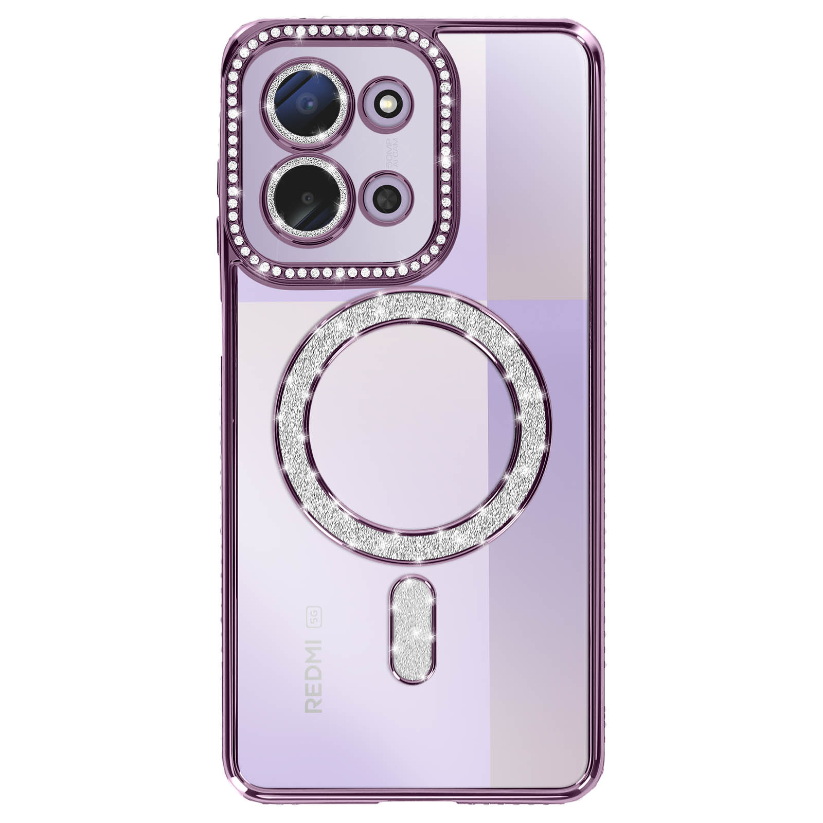 Paarse telefoonhoes met diamantaccenten. Beschikt over camera-uitsparingen, een ring en een onderste gedeelte met een diamant.