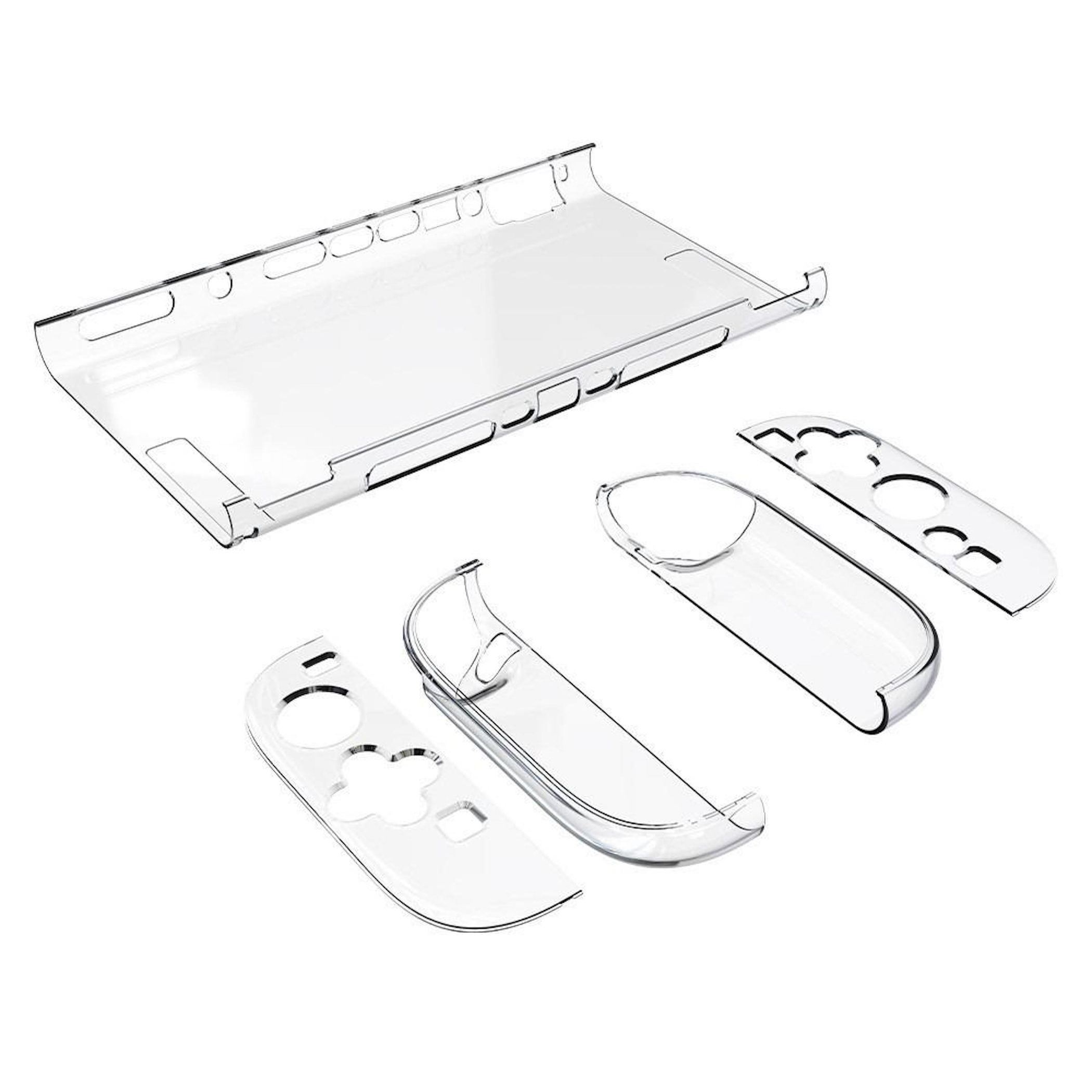 Funda protectora de plástico transparente para dispositivo de juego. Contiene varias partes, incluyendo una cubierta superior y cubiertas de control.