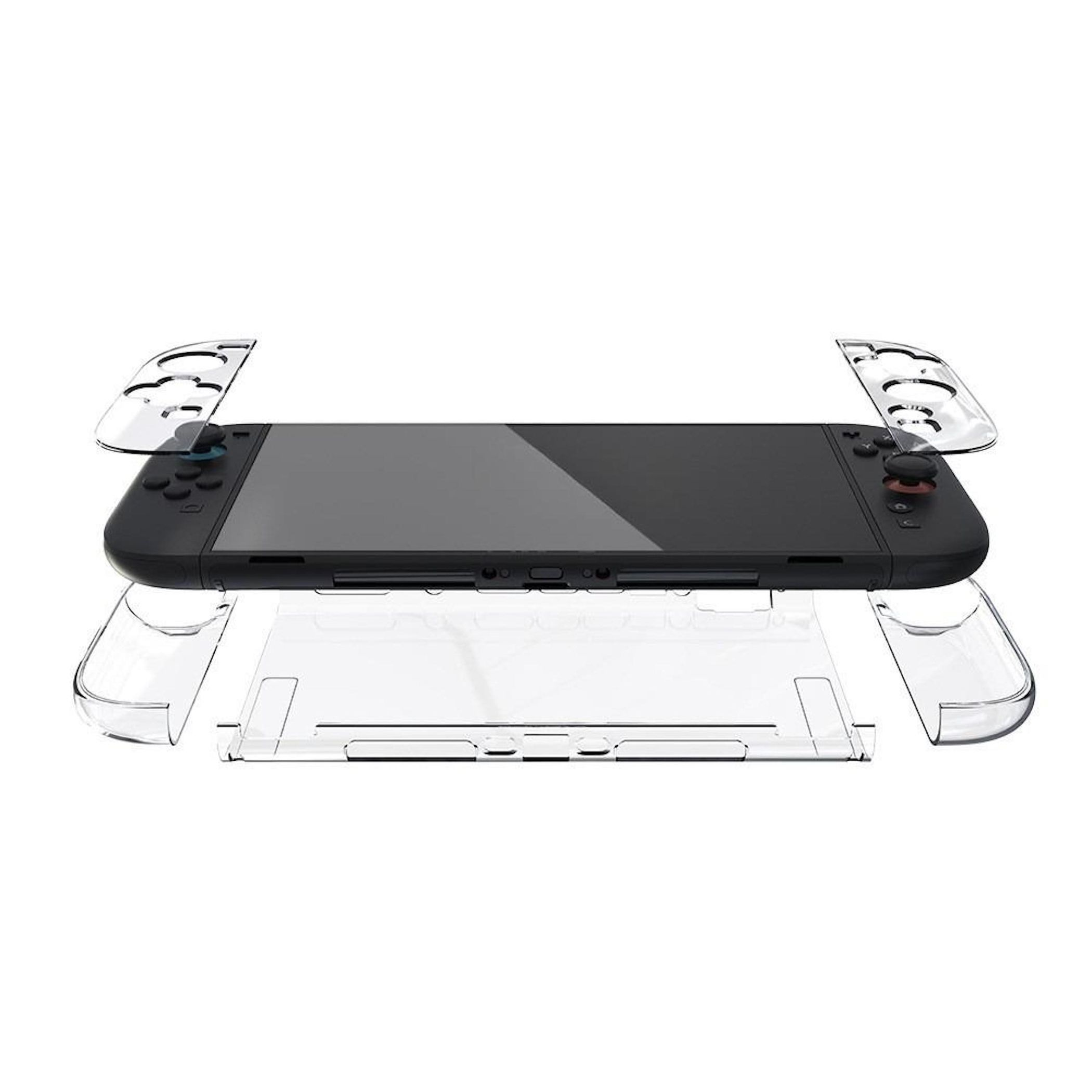 Consola de juegos negra con funda protectora transparente y agarres, dispuestos para mostrar cómo encajan.