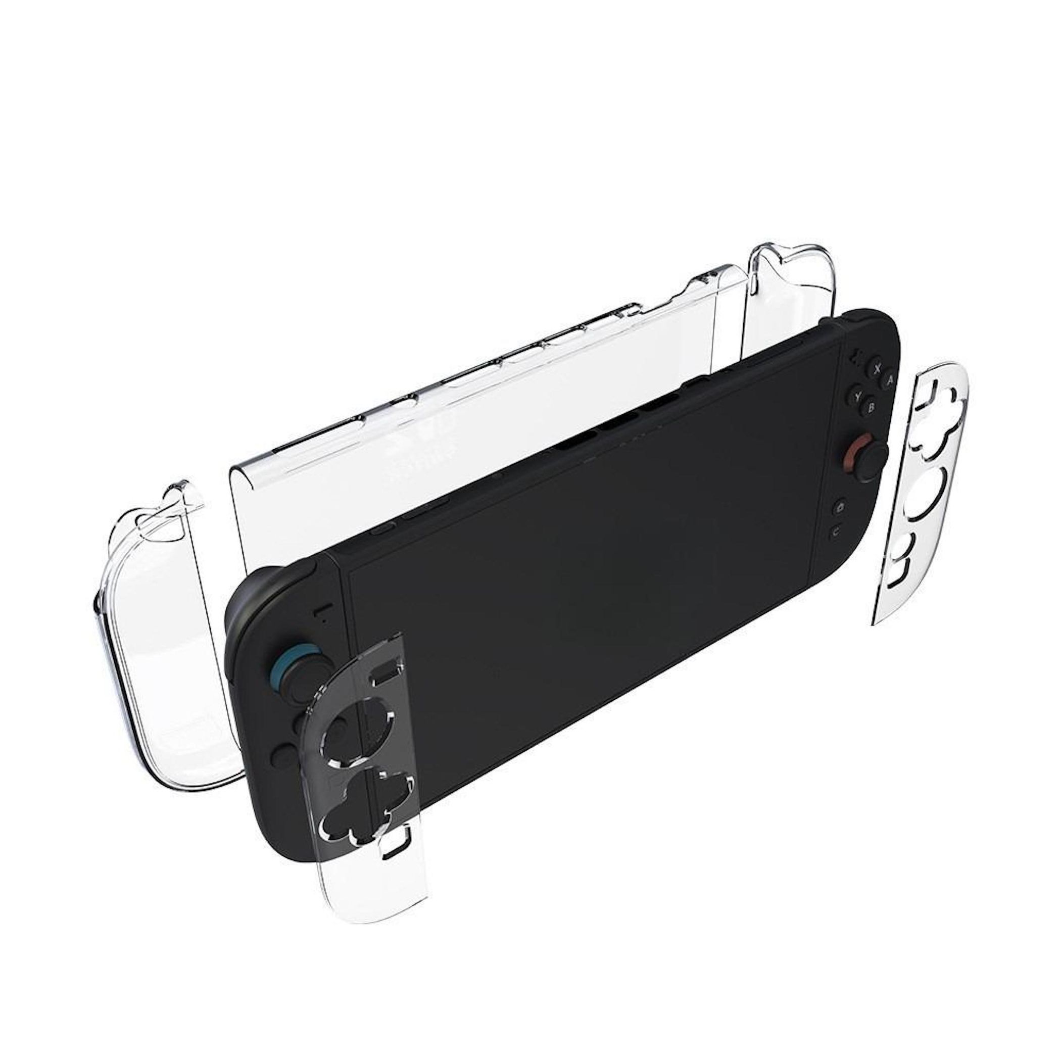 Consola de juegos negra desmontada con cubiertas protectoras transparentes. Componentes separados.