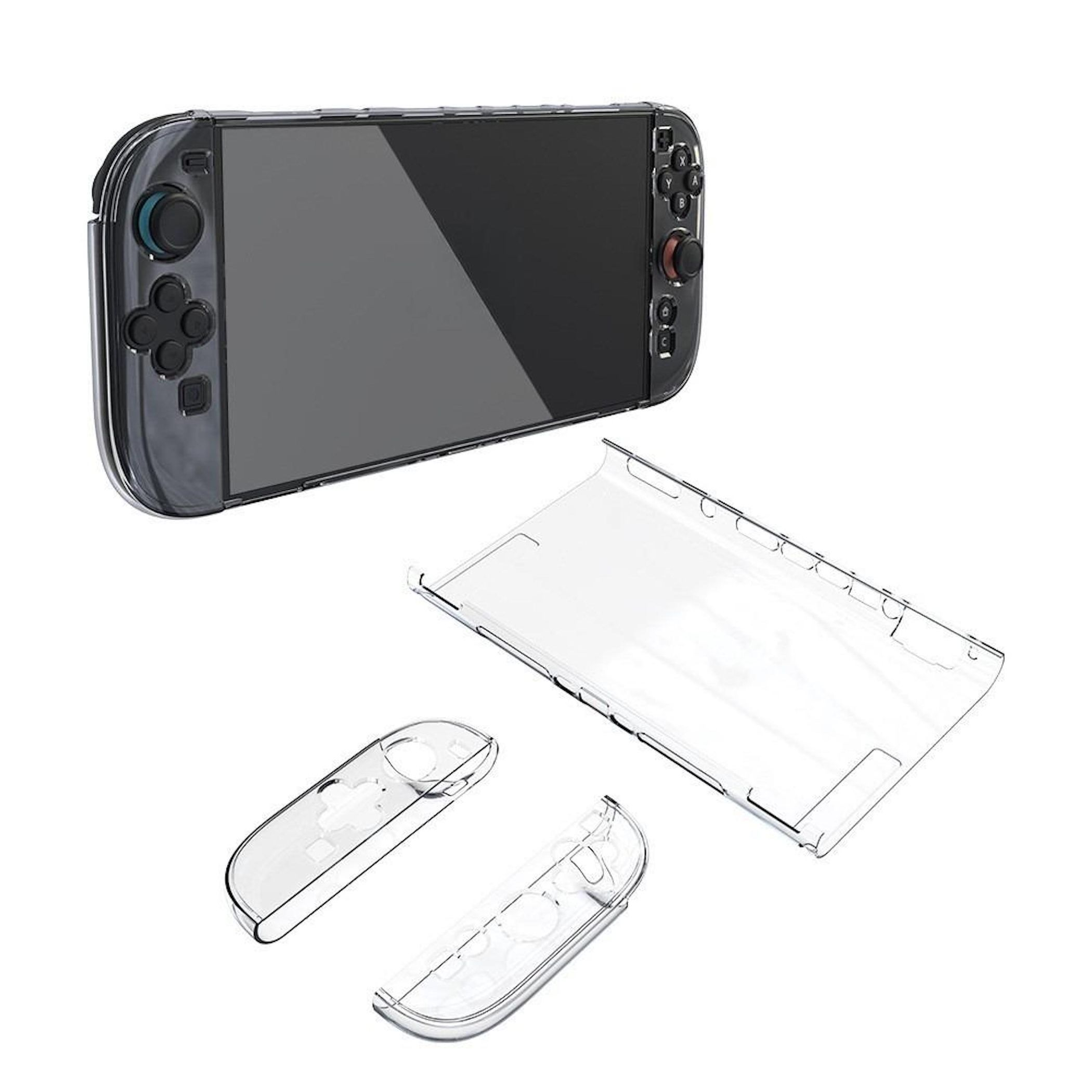 Una consola Switch con una funda protectora transparente y cubiertas de control separadas. Accesorios transparentes.