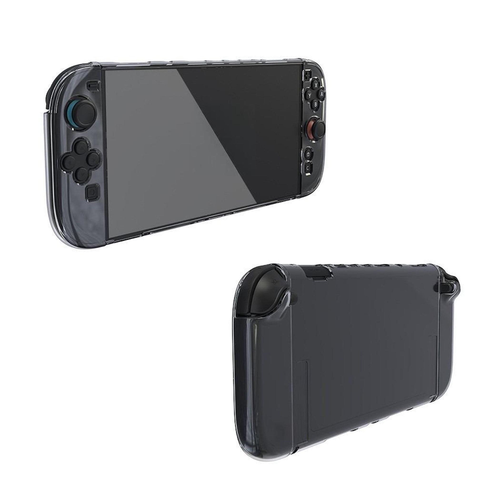 Dos fundas protectoras negras para Nintendo Switch. Una muestra el frente y la otra la parte trasera.