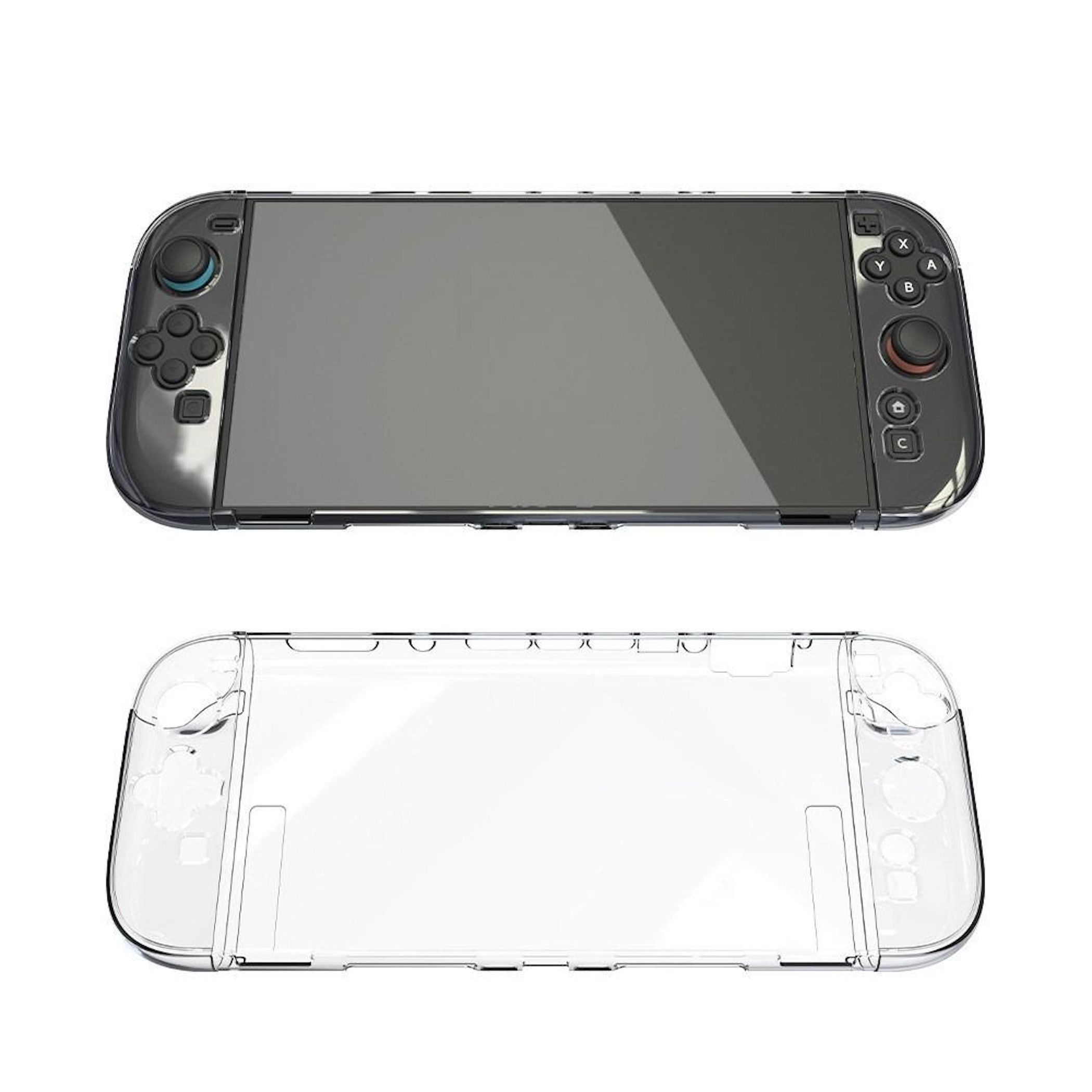 Una funda protectora transparente para una consola de juegos. La consola está arriba y la parte inferior de la funda abajo.