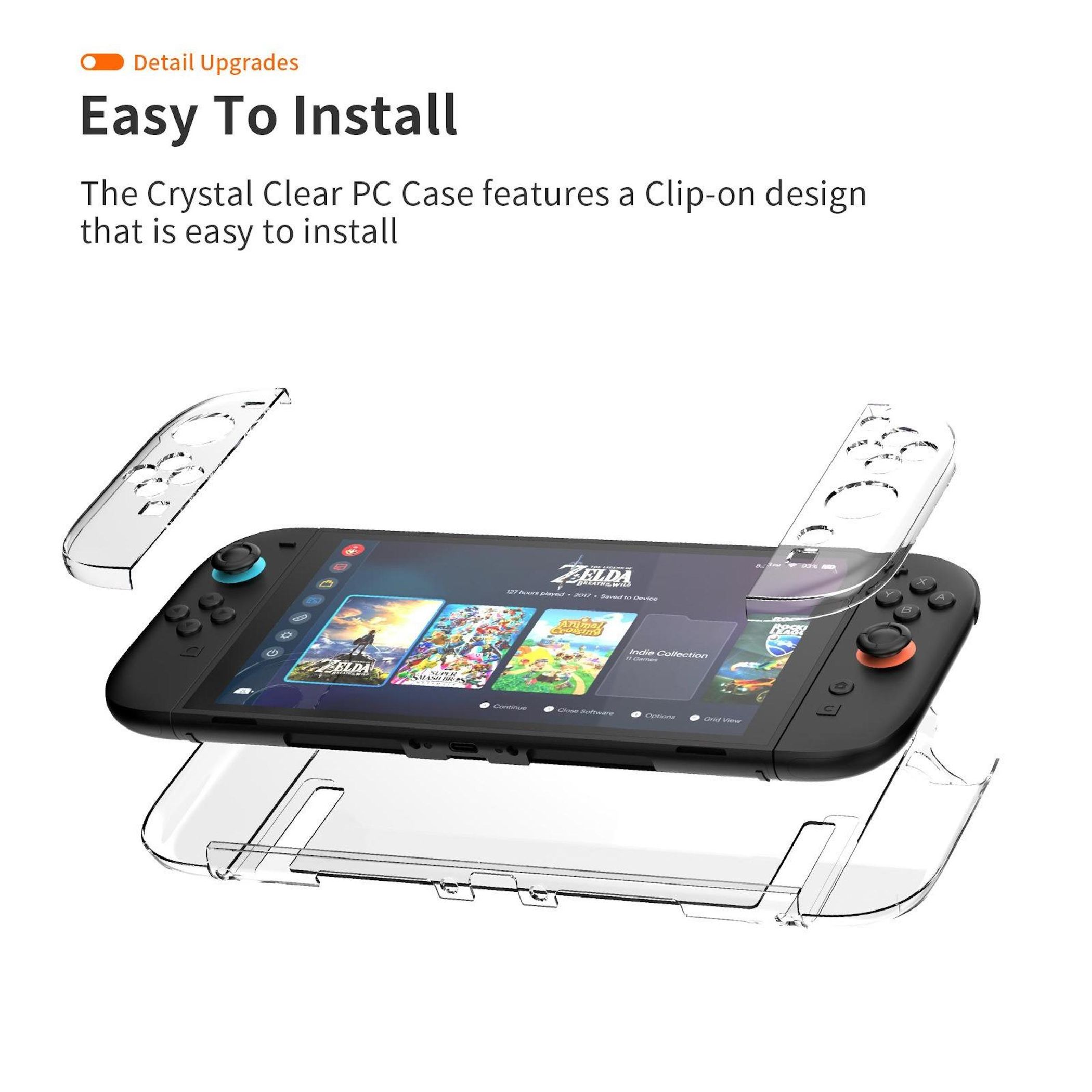 Una carcasa de PC transparente con un Switch dentro. La pantalla muestra opciones de juego. Se ven mandos y piezas de la carcasa transparentes.