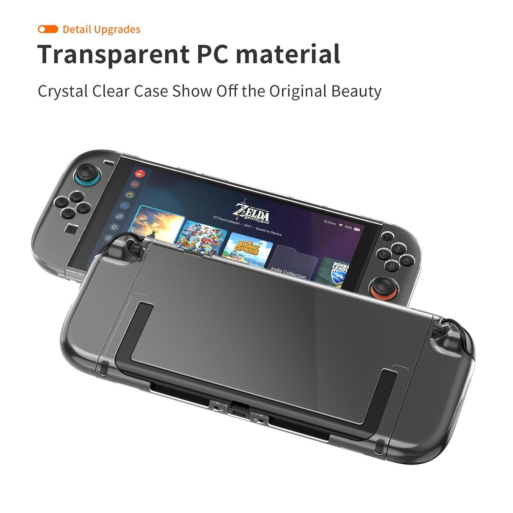 Una funda transparente cubre una Nintendo Switch. La pantalla muestra iconos de juegos. El texto dice 'Material PC transparente'.