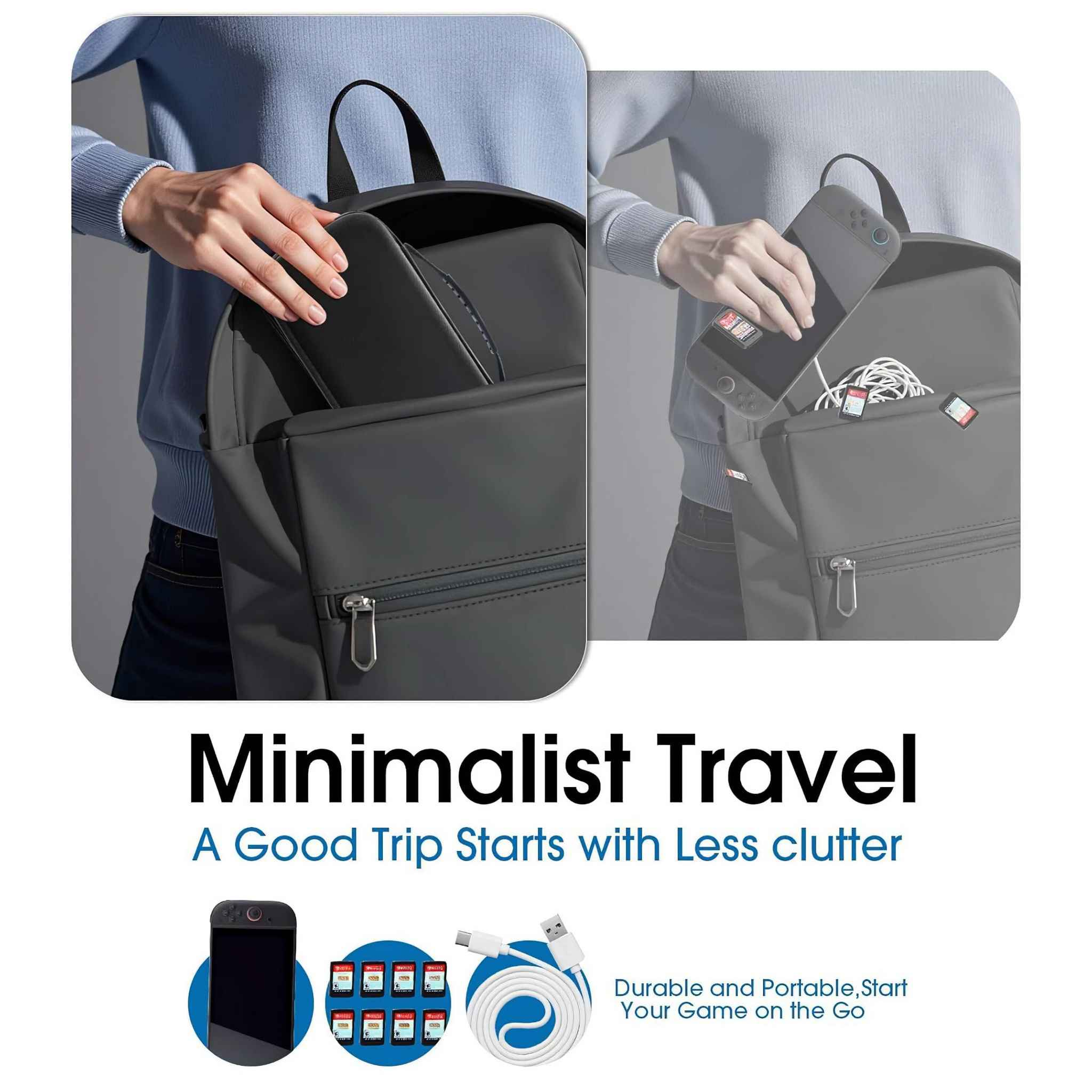 Eine Person packt einen grauen Rucksack mit einem schwarzen Telefon und einer Spielkonsole. Das Bild wirbt für minimalistisches Reisen.