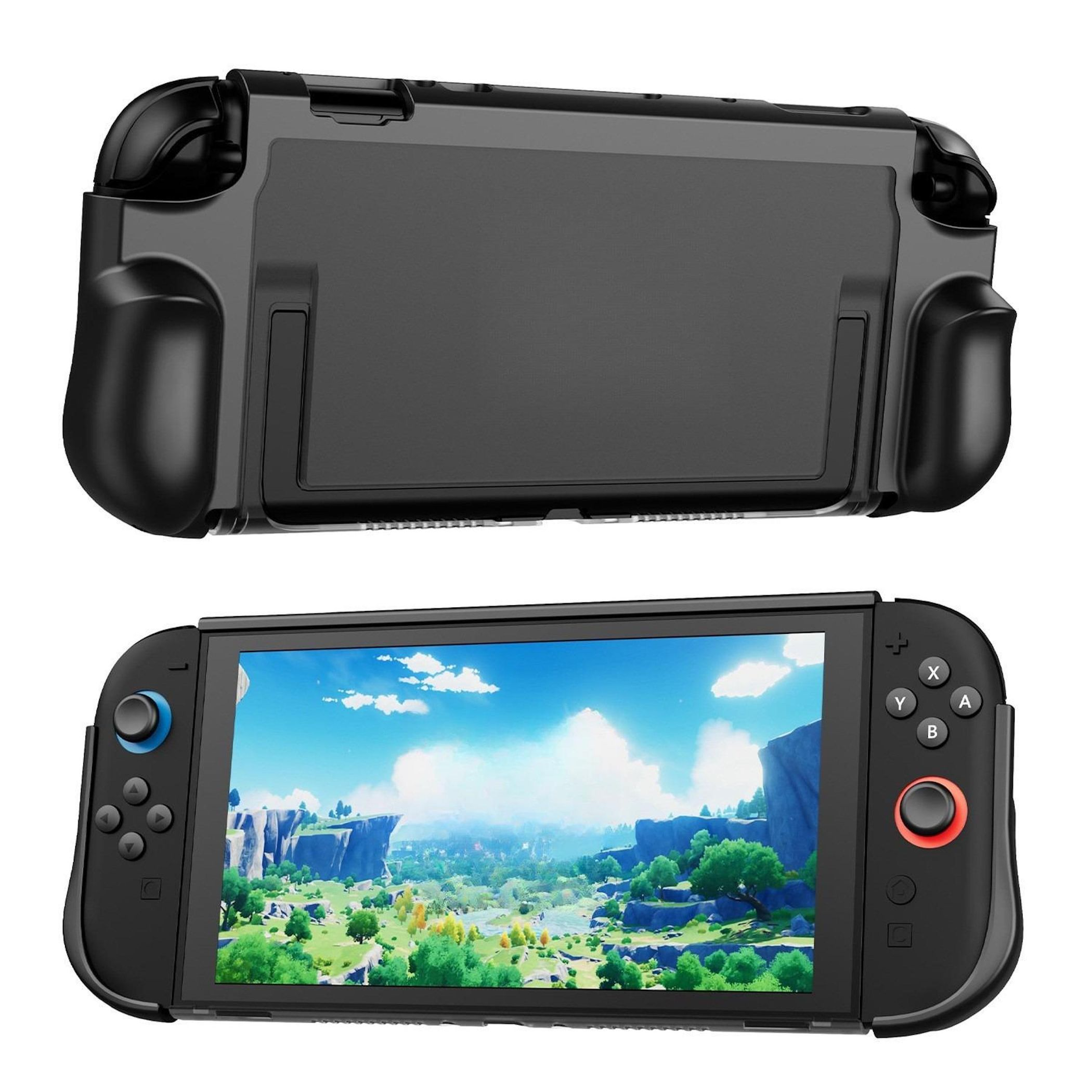 Eine schwarze Nintendo Switch mit einem Spiel auf dem Bildschirm und einem separaten schwarzen Griff.
