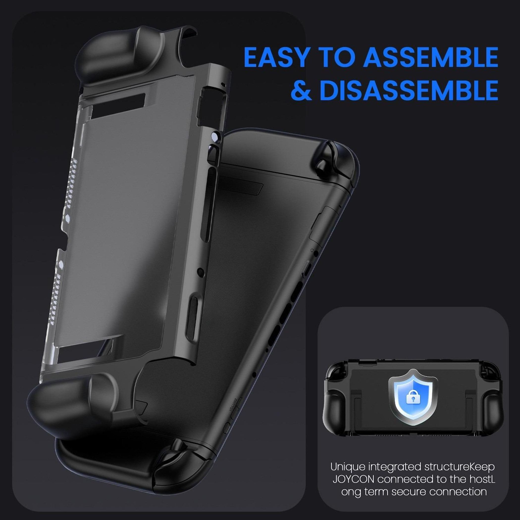 Ein schwarzes Gamecontroller-Gehäuse mit den Worten 'EASY TO ASSEMBLE & DISASSEMBLE' wird gezeigt. Es zeigt eine integrierte Struktur.