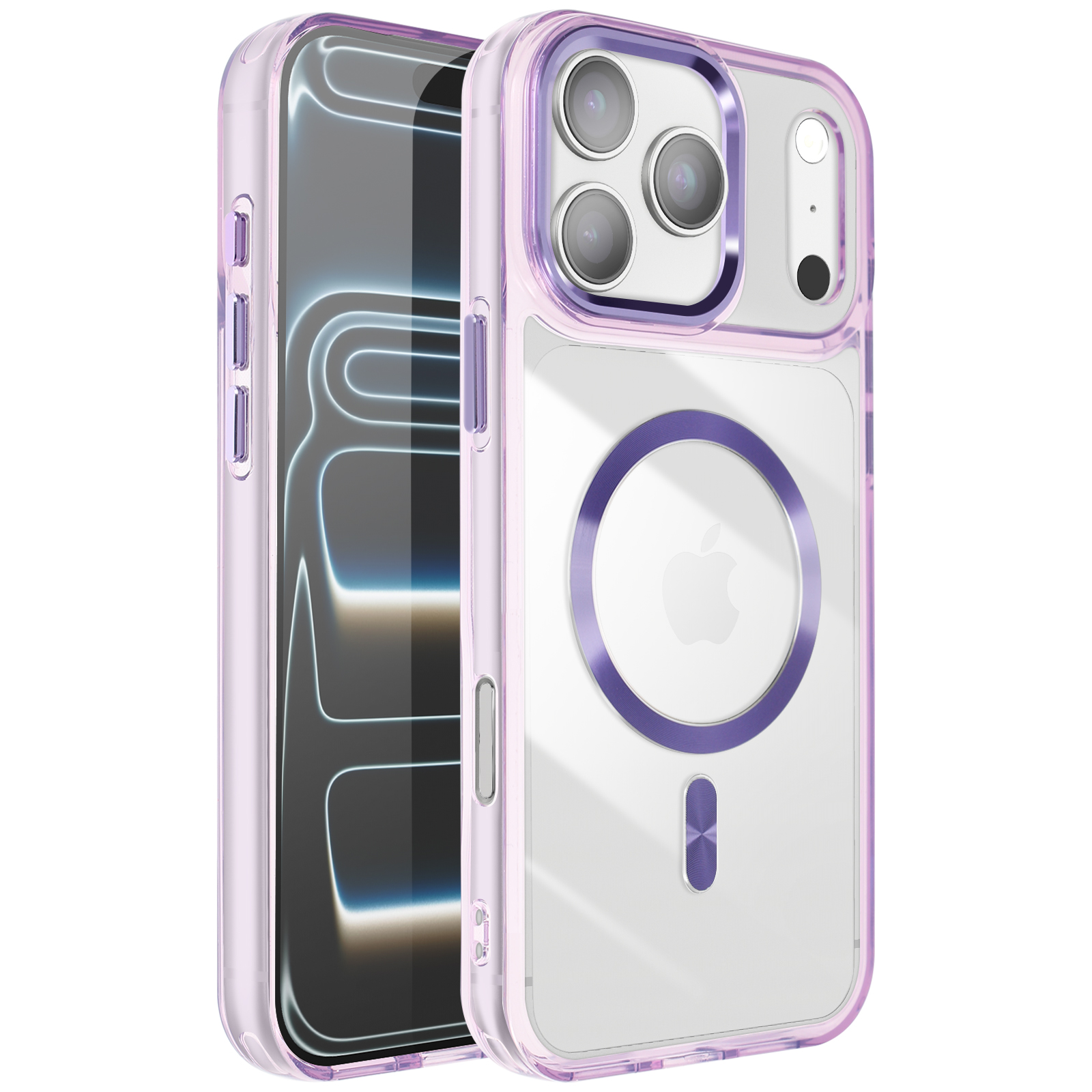 Une coque transparente pour iPhone avec un cadre violet. Le téléphone est dans la coque. La coque a un anneau violet et le logo Apple.
