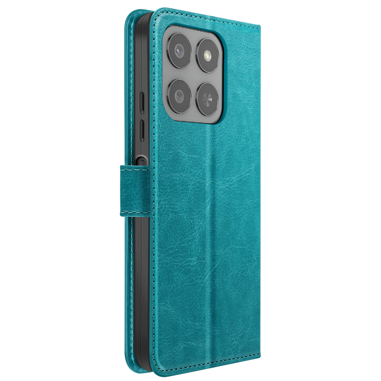 Un étui de téléphone bleu sarcelle, avec une fermeture magnétique et quatre lentilles de caméra est affiché sur fond blanc.