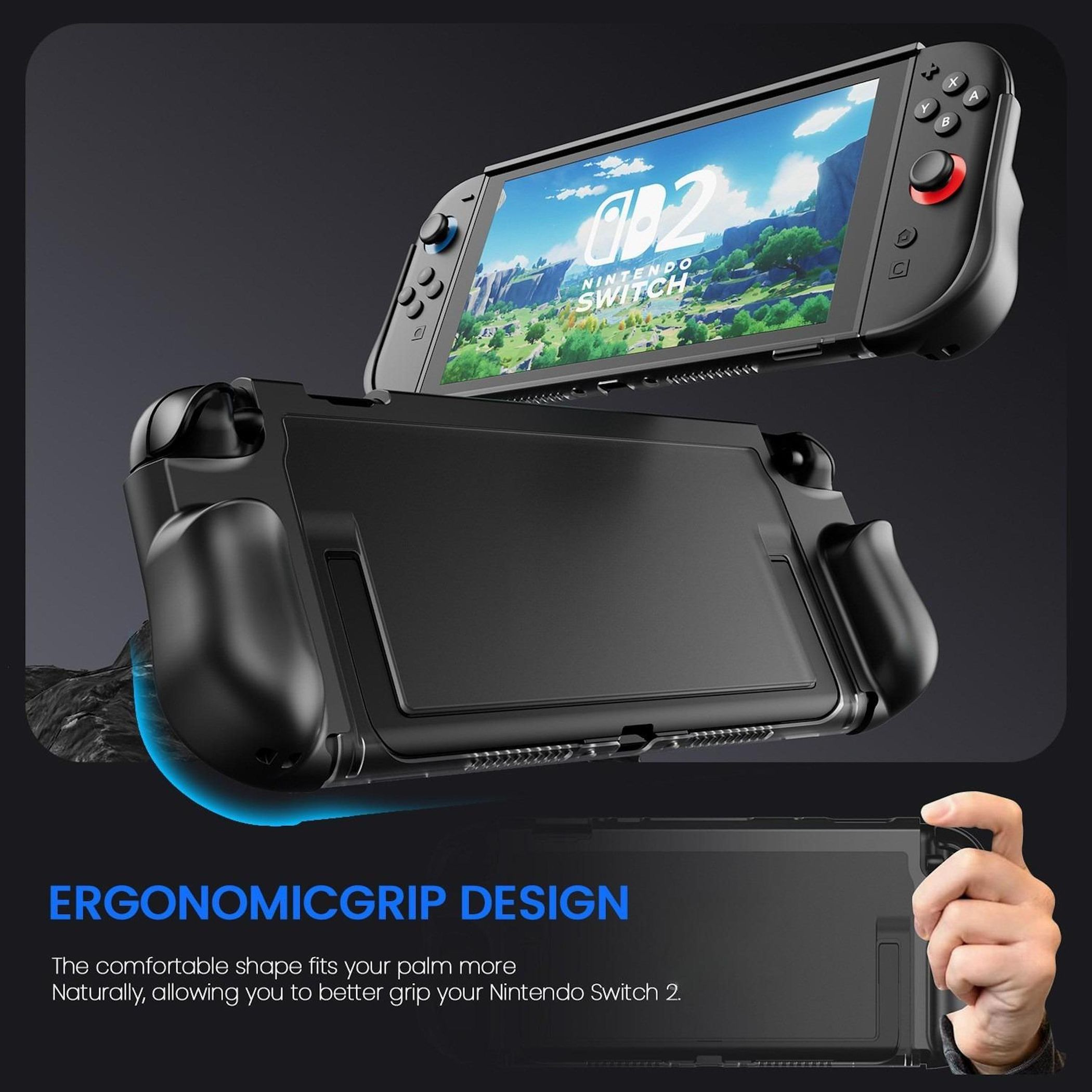Schwarze Nintendo Switch mit Griff, einem Bildschirm, der ein Spiel anzeigt, und einer Hand, die den Griff hält. Der Text lautet ergonomisches Griffdesign.