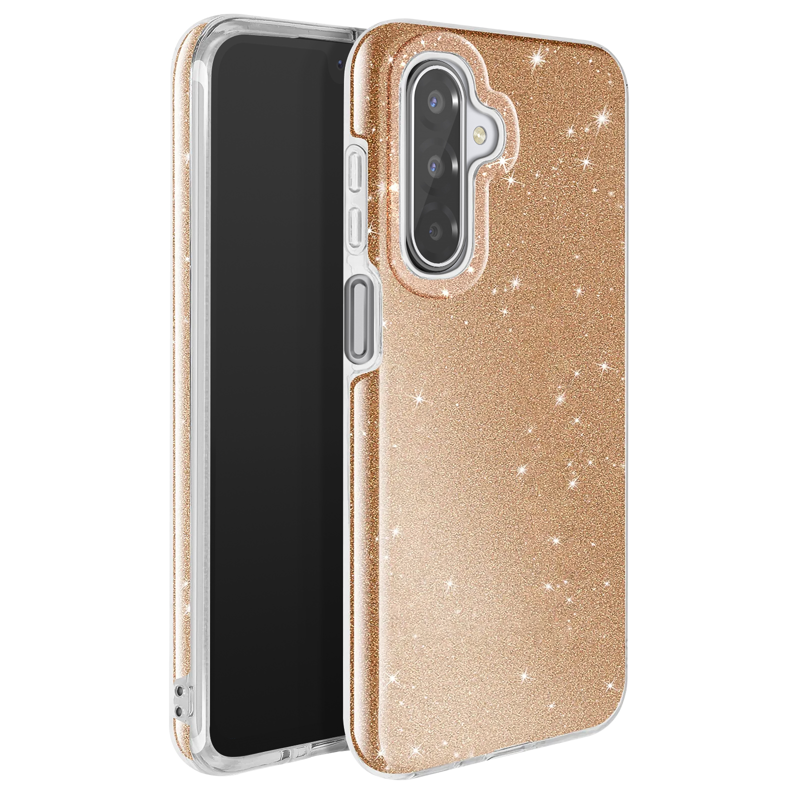 Un étui de téléphone doré scintillant avec un cadre transparent est ouvert, révélant un écran noir. L'étui a une découpe pour l'appareil photo.