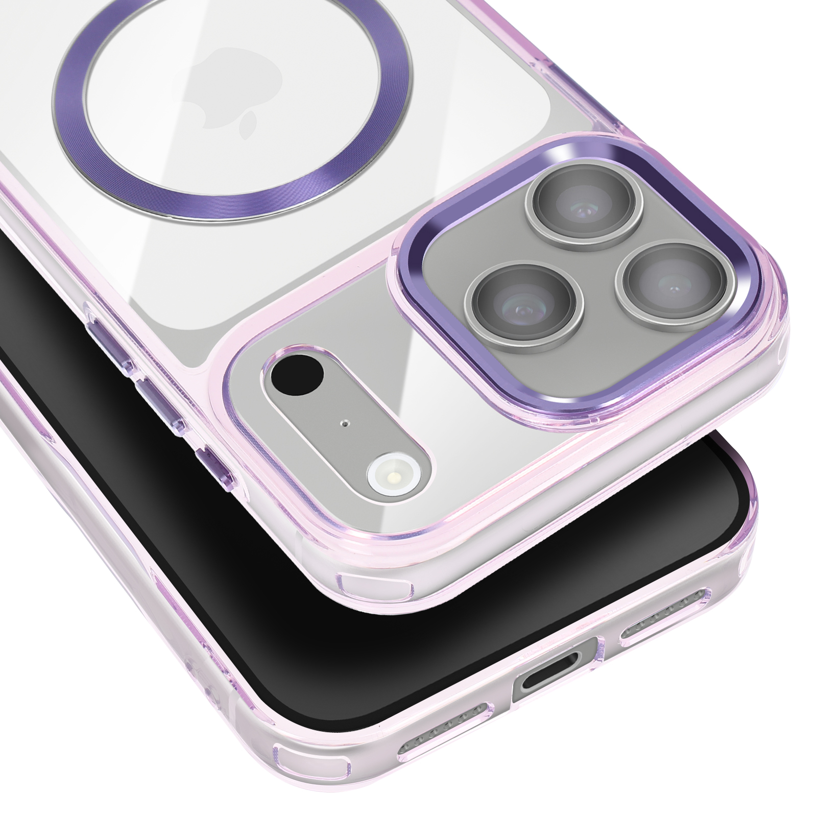 Gros plan d'un téléphone dans une coque transparente avec des accents violets. Le téléphone a trois caméras. La coque a un anneau violet au dos.